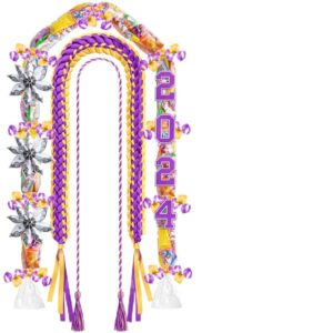 spakon 13 pcs graduation leis graduation candy lei kit class of 2024 with 48 inch braided ribbon 4.92ft pe bag for grad party (purple, gold)