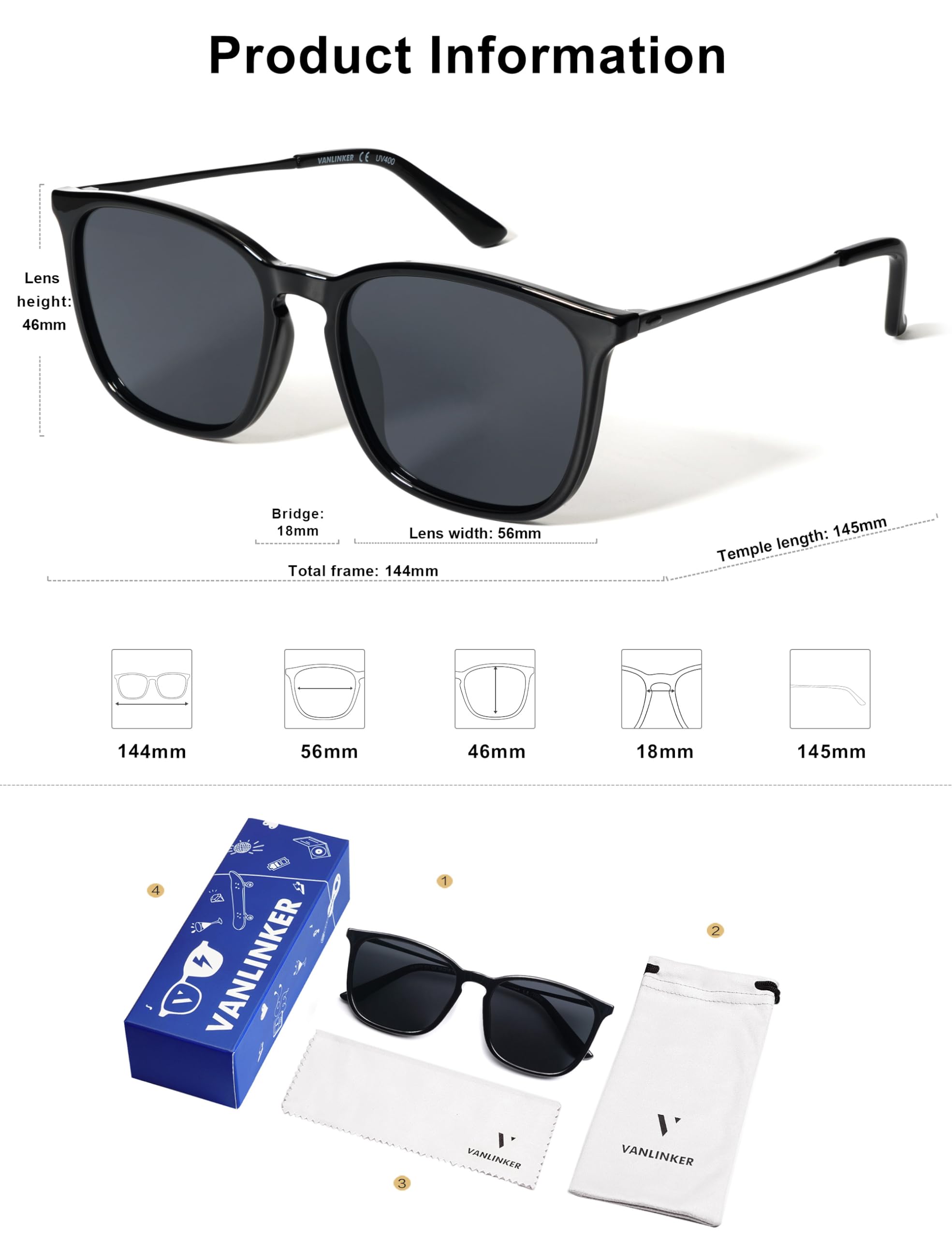 VANLINKER Vintage Square Polarized Sunglasses Men Women Classic Trendy Rectangle Metal Frame Sun Glasses VL9771 Matt Black