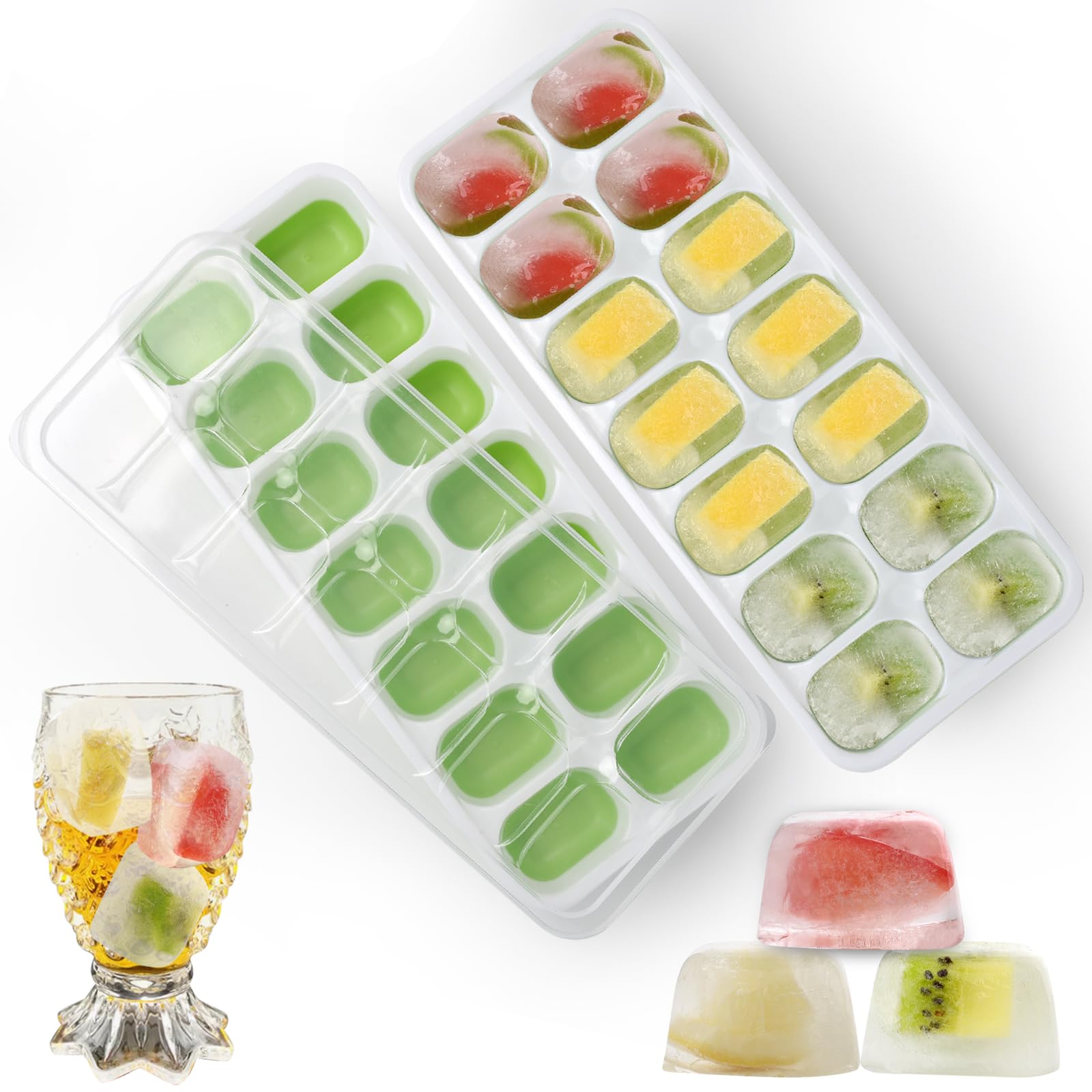 Ice Cube Tray with Lid,Easy Release14 ices,Silicone ice cube tray with Spill-Resistant Removable Lid,Ice Cube Trays for Freezer,Ice Cube Tray with lid for Drinks,Baby Food,BPA Free Ice cube tray