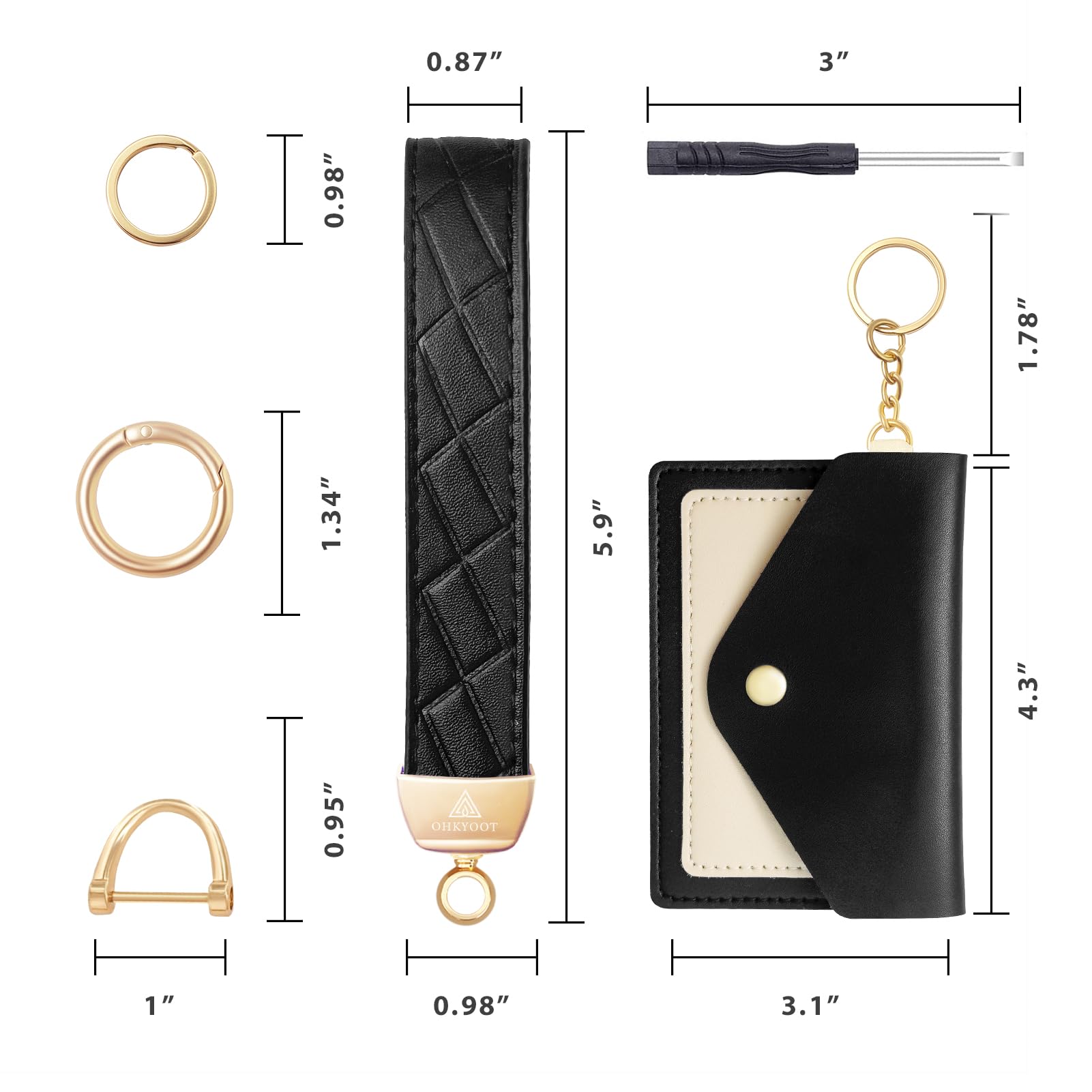 OHKYOOT Leather Wristlet Keychain,Wallet Keychain Car Key Chain with 3 Key Ring,Anti-Lost D Ring and Mini Wallet (Black)