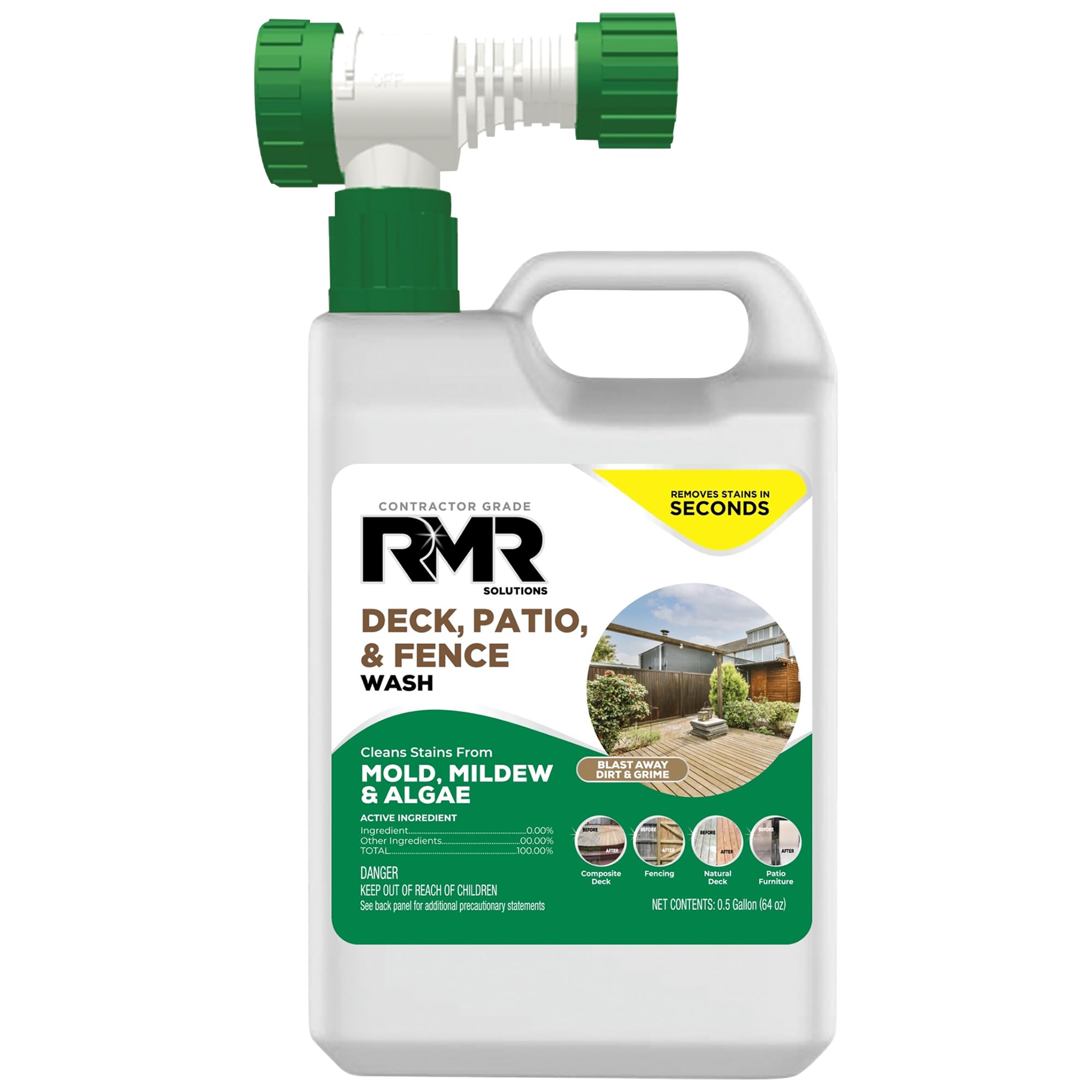 RMR Deck, Patio, & Fence Wash - Commercial-Grade Outdoor Stain Remover for Mold, Mildew, and Algae, 64 Ounce Bottle with Hose-End Adapter