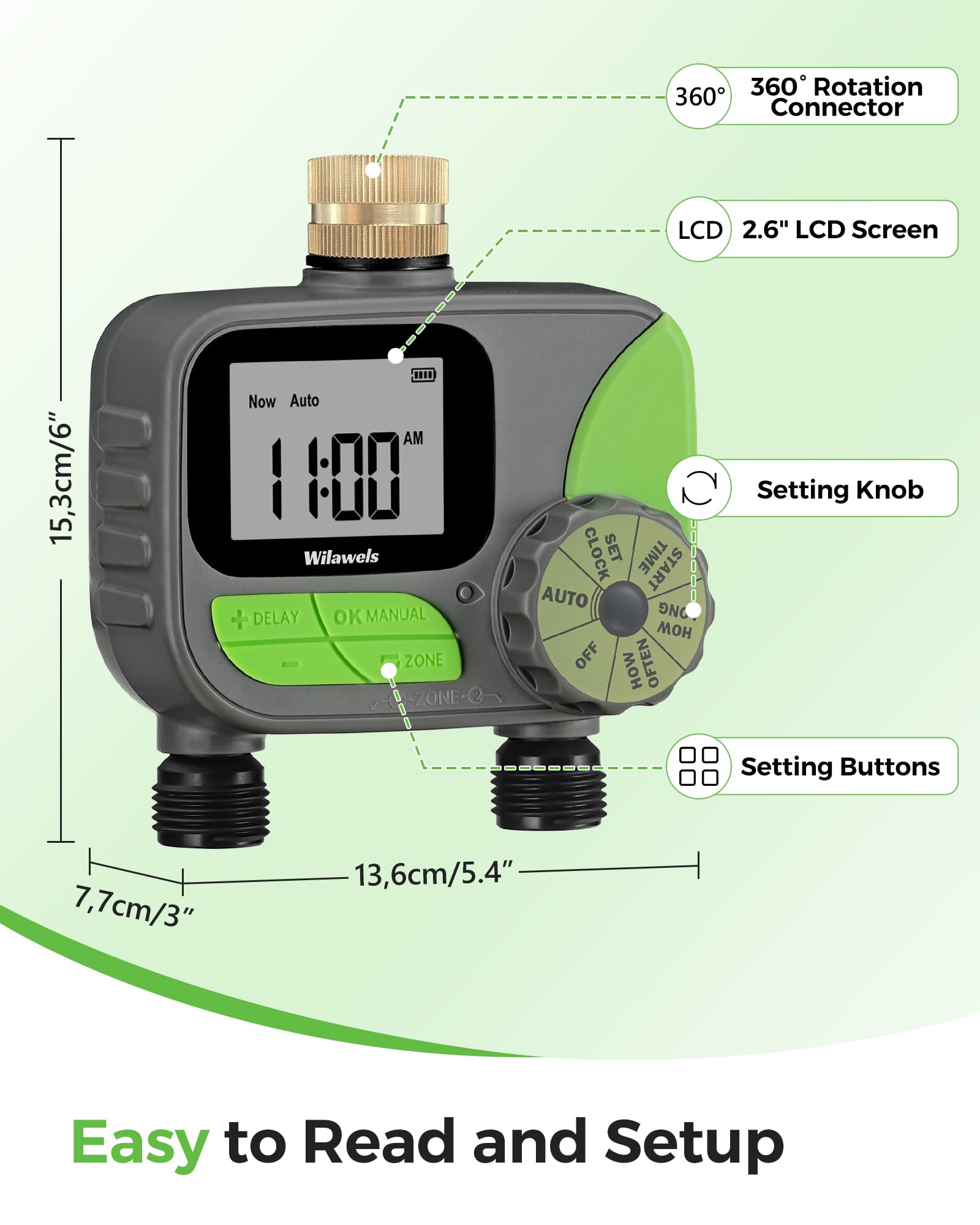 WILAWELS Brass Sprinkler Timer 2 Zone, Programmable Garden Water Timer, Automatic Irrigation Timer with Rain Delay/Manual/Auto Mode, Waterproof and Leak-Proof, for Yard, Garden, Lawn, 2 Outlet B12WT06