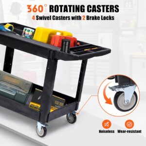 Utility Service Cart, 550LBS 2-Shelf Heavy Duty PP Rolling Utility Cart with 360° Swivel Wheels, Large Shelf, Storage Handle, for Warehouse/Garage/Cleaning