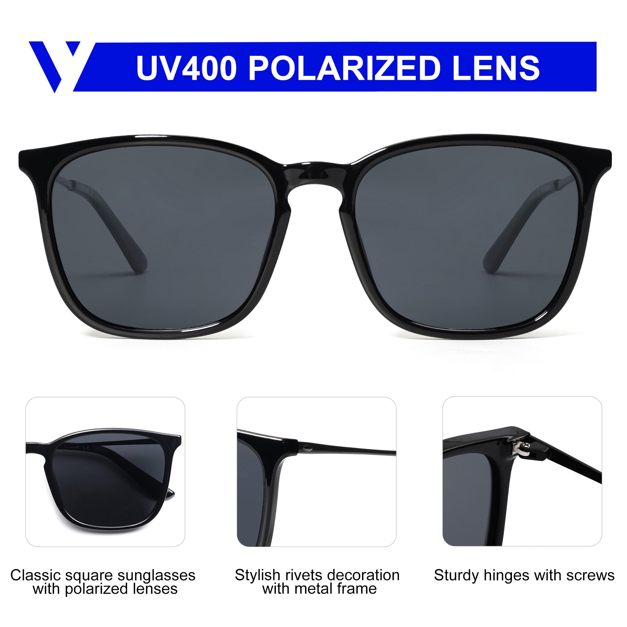 VANLINKER Vintage Square Polarized Sunglasses Men Women Classic Trendy Rectangle Metal Frame Sun Glasses VL9771 Matt Black