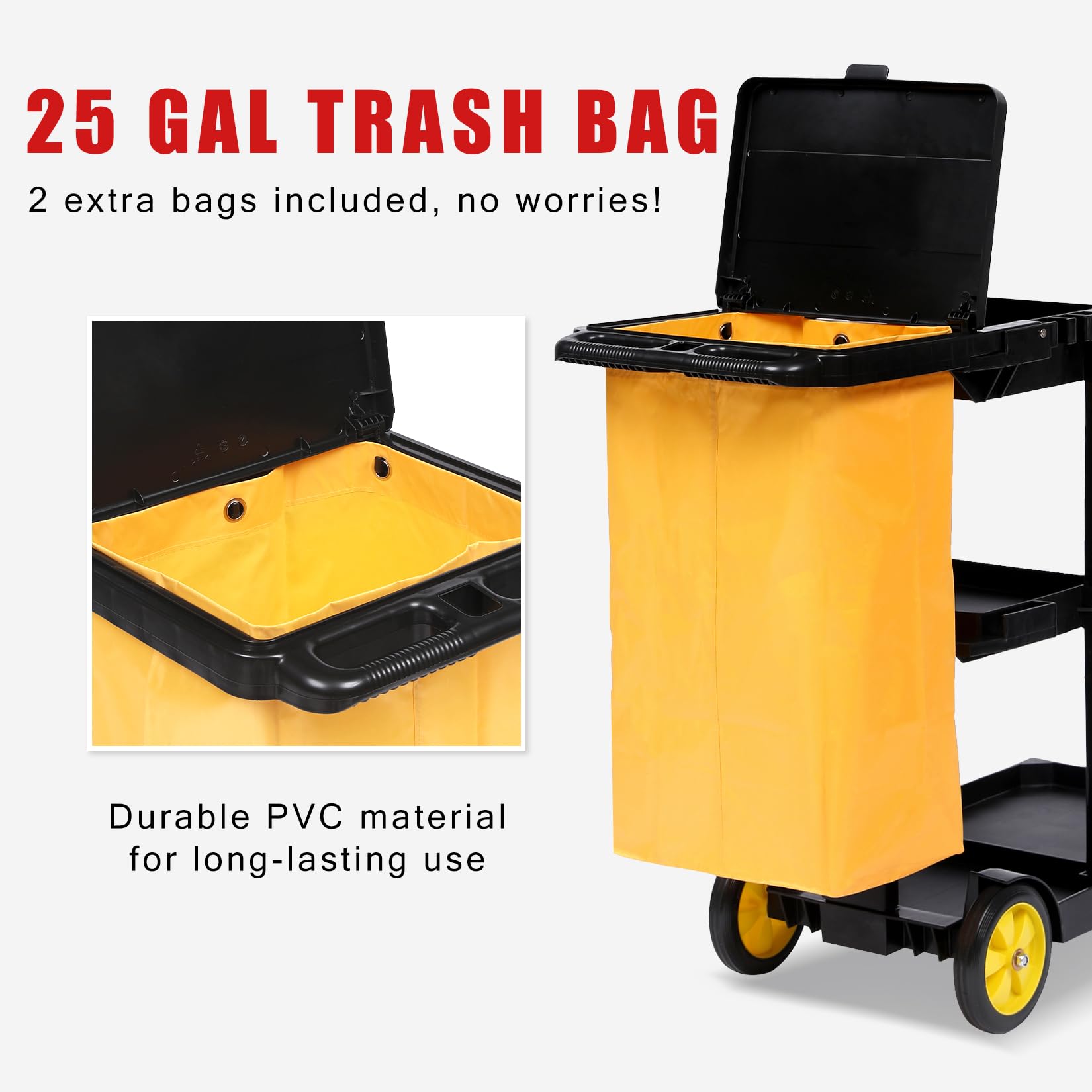 GAOMON Cleaning Cart - 3 Tier Commercial Janitorial Cart with Two 25-Gallon PVC Bags, 500Lbs Capacity Plastic Housekeeping Cart with Cover Lid, 43.3" L x 19.7" W x 38.6" H, Black