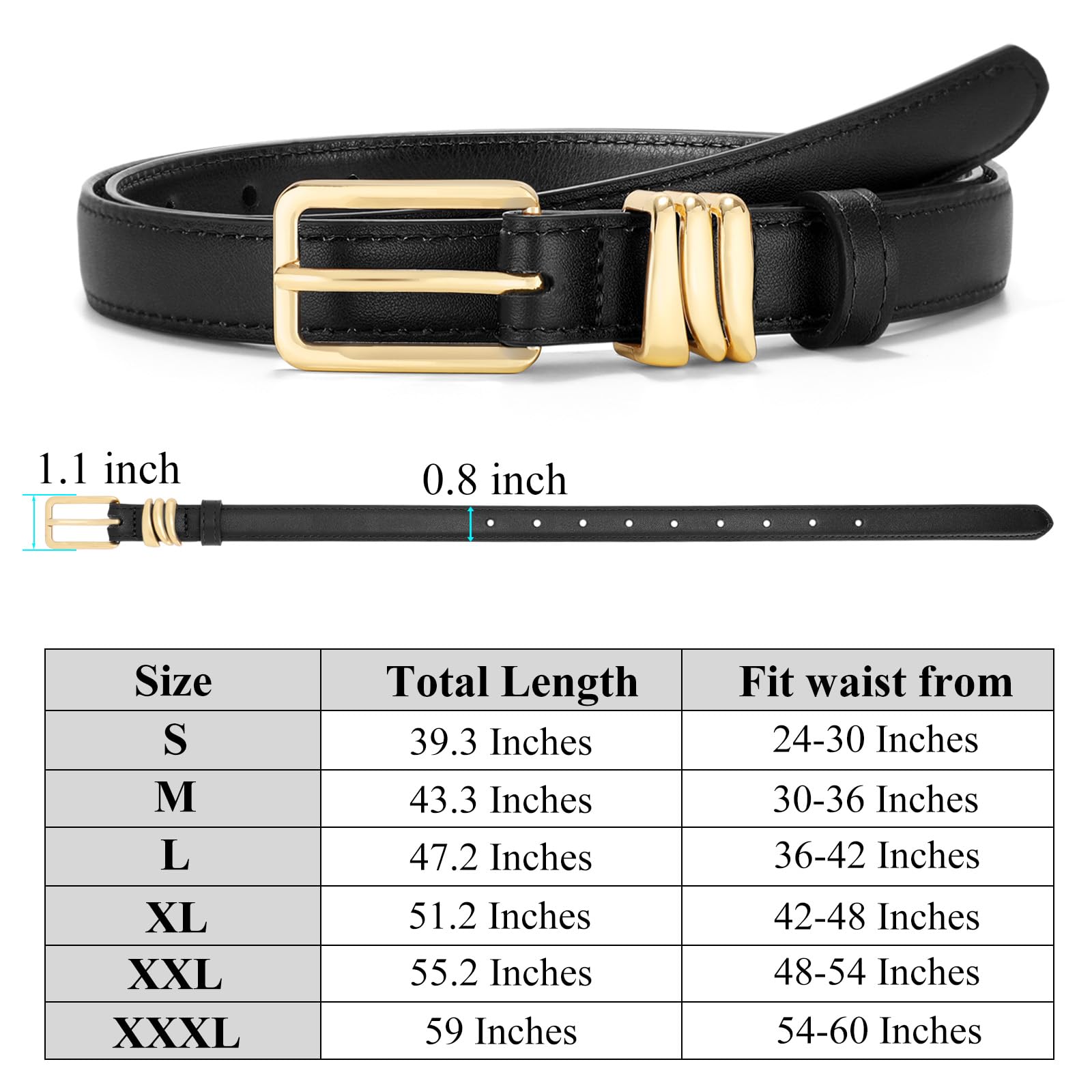 XZQTIVE Women Skinny Leather Belt Ladies Black Thin Waist Belt for Dresses Jeans Pants with Gold Buckle and Metal Loops