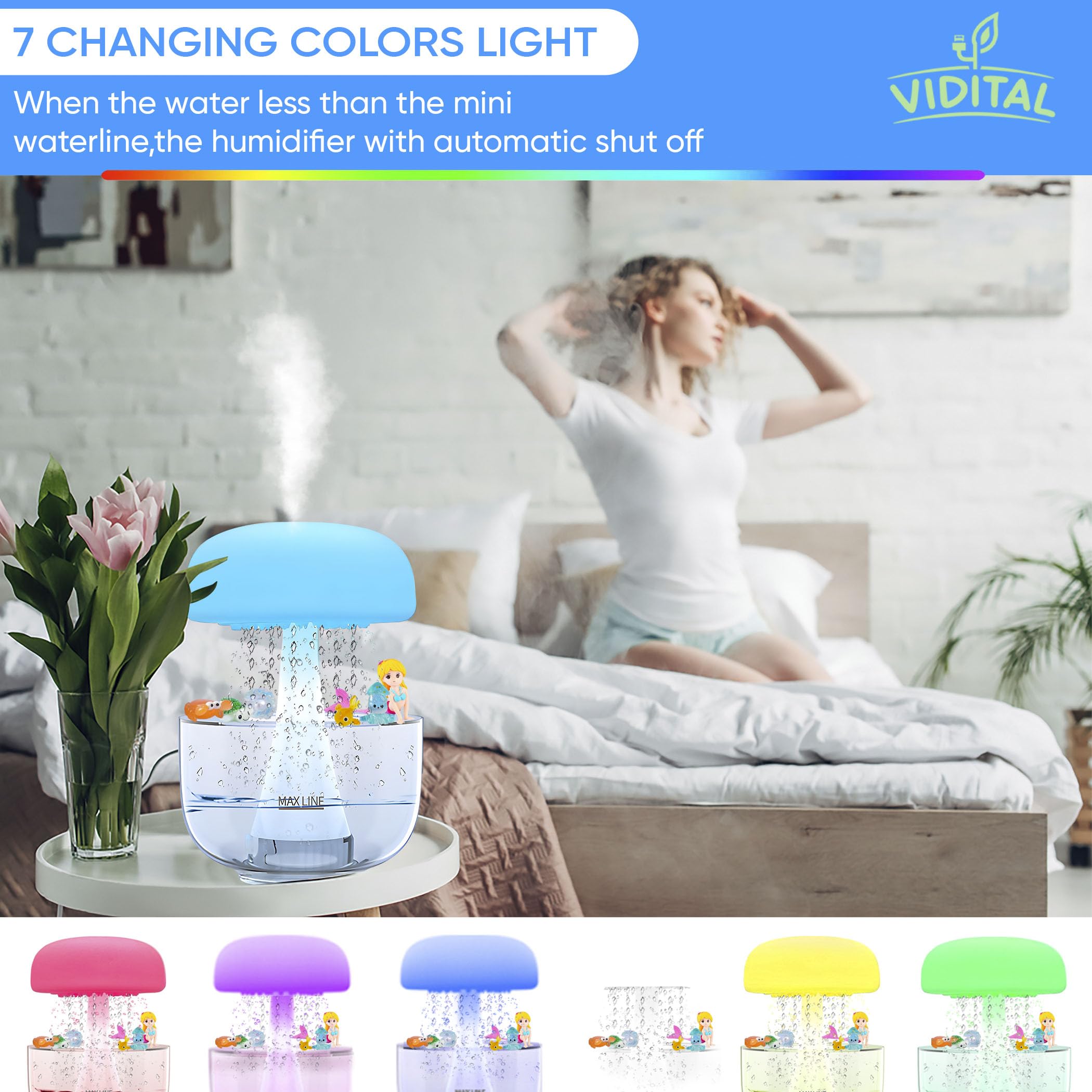 VIDITAL Raining Cloud Diffuser with Rain 7 Changing Colors, Rain Cloud Humidifier Night Light, White Noise, Relaxing Rain Sounds Aid, ECO-Friendly, 6 Decorations Included