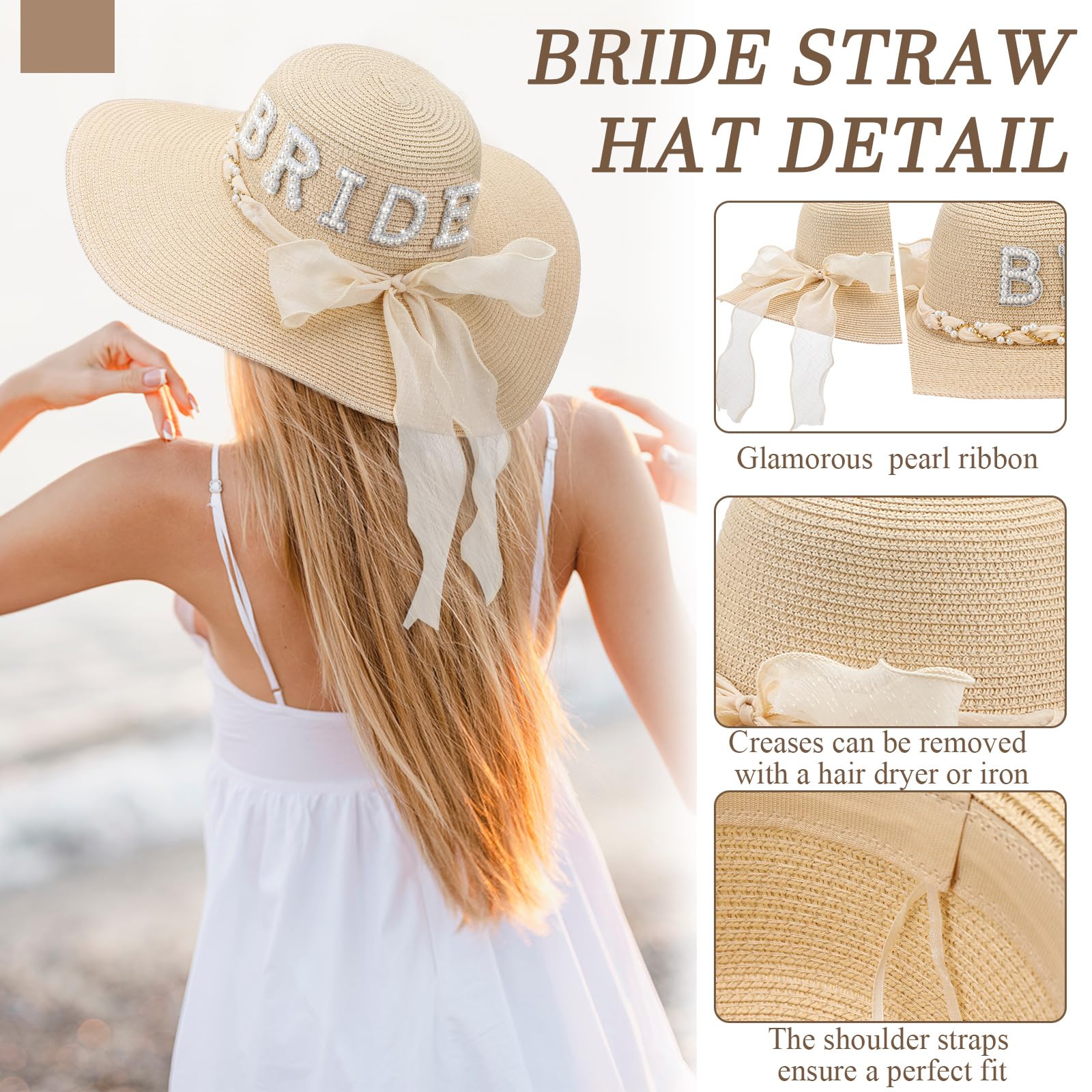 Cozypower Bride Sun Hat Wide Brim Straw Hat Floppy Bride Beach Hat for Women Bridal Honeymoon Wedding Party Engagement (Beige)