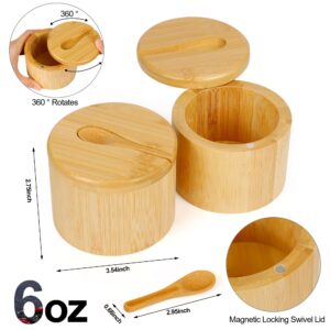 Loscarol 2Pcs Bamboo Salt Cellar Spice Box with Magnetic Swivel Lid & Spoon, Bamboo Storage Box Salt Container to Storage Pepper, Table Salt, Gourmet Salts, Spice, Sugar, 6 oz