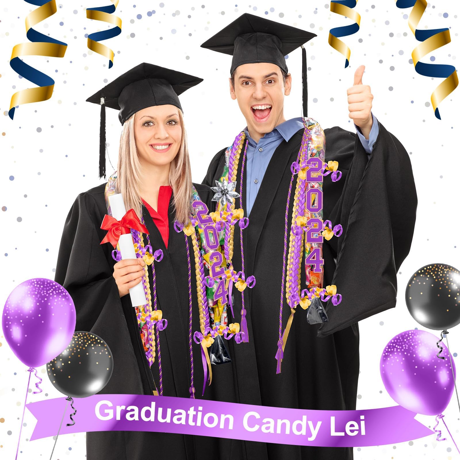 Spakon 13 Pcs Graduation Leis Graduation Candy Lei Kit Class of 2024 with 48 Inch Braided Ribbon 4.92ft PE Bag for Grad Party (Purple, Gold)