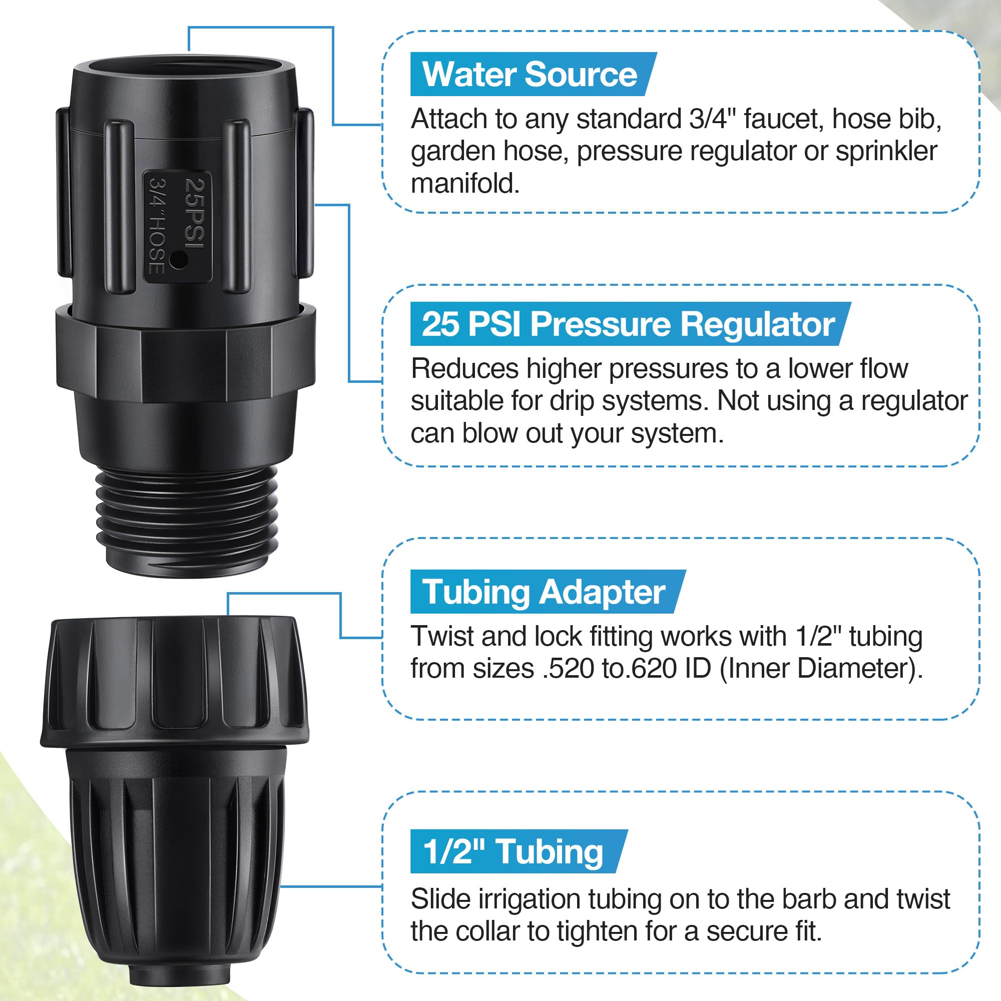 ElectricWise 4 Pcs 25 PSI Drip Irrigation Pressure Regulator Faucet Adapter Kit, 2 Pcs 3/4" FHT x 3/4'' MHT Pressure Regulator, 2 Pcs 1/2 Inch Drip Irrigation Tubing Adapter for Drip Irrigation System