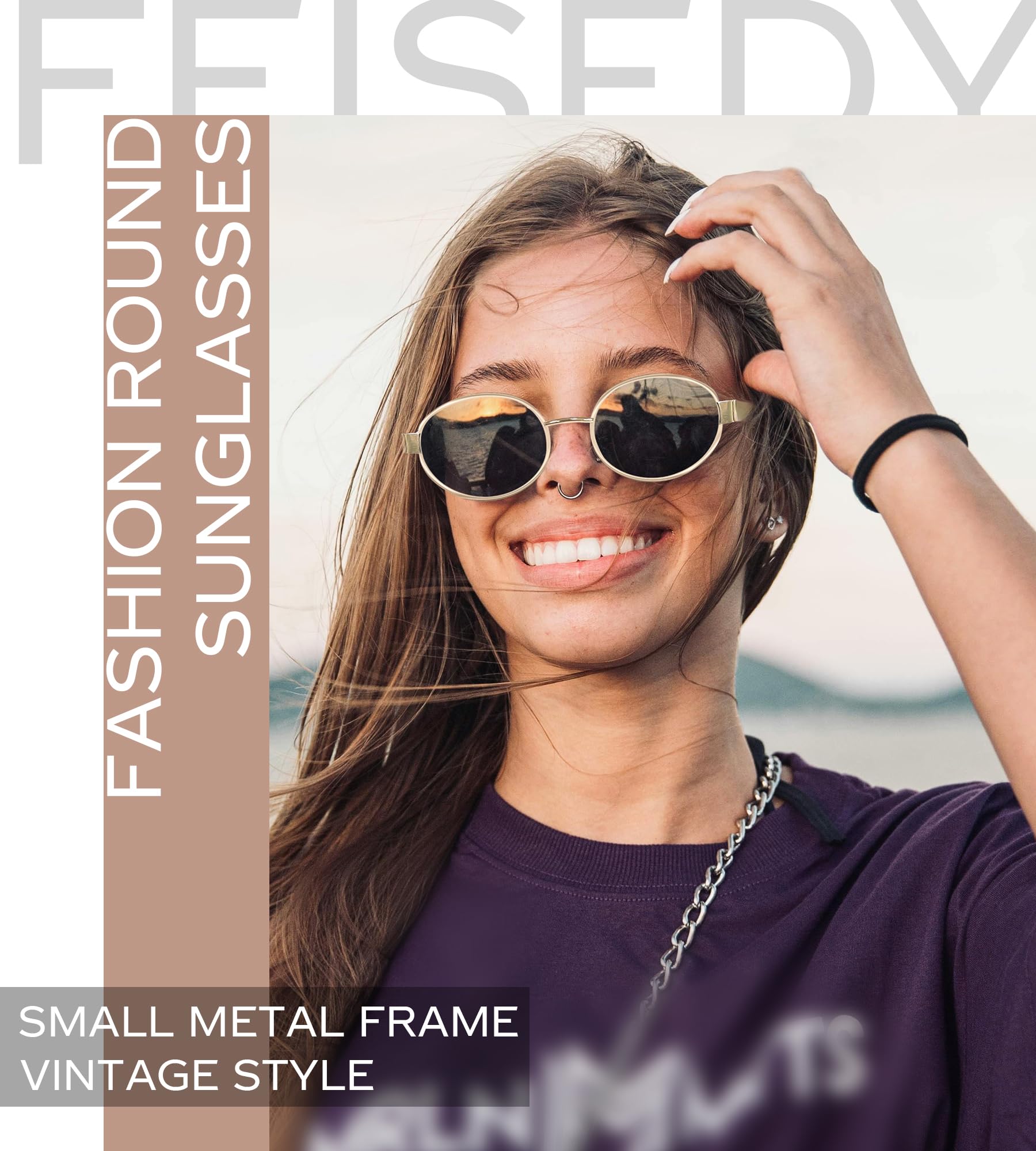 FEISEDY Trendy Retro Oval Sunglasses for Women Men Small Metal Frame Sun Glasses UV400 Shades B0124