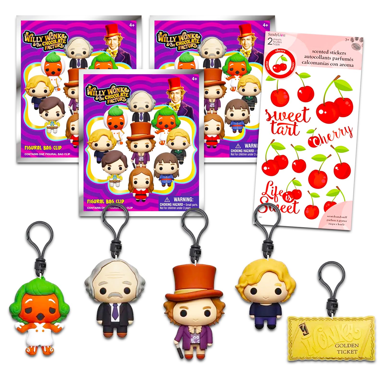 WARNER BROS PICTURES Willy Wonka Blind Bag Party Favor 3 Pack - Bundle with 3 Willy Wonka Keychain Mystery Figures Plus Stickers | Willy Wonka Bag Clips for Kids, Adults