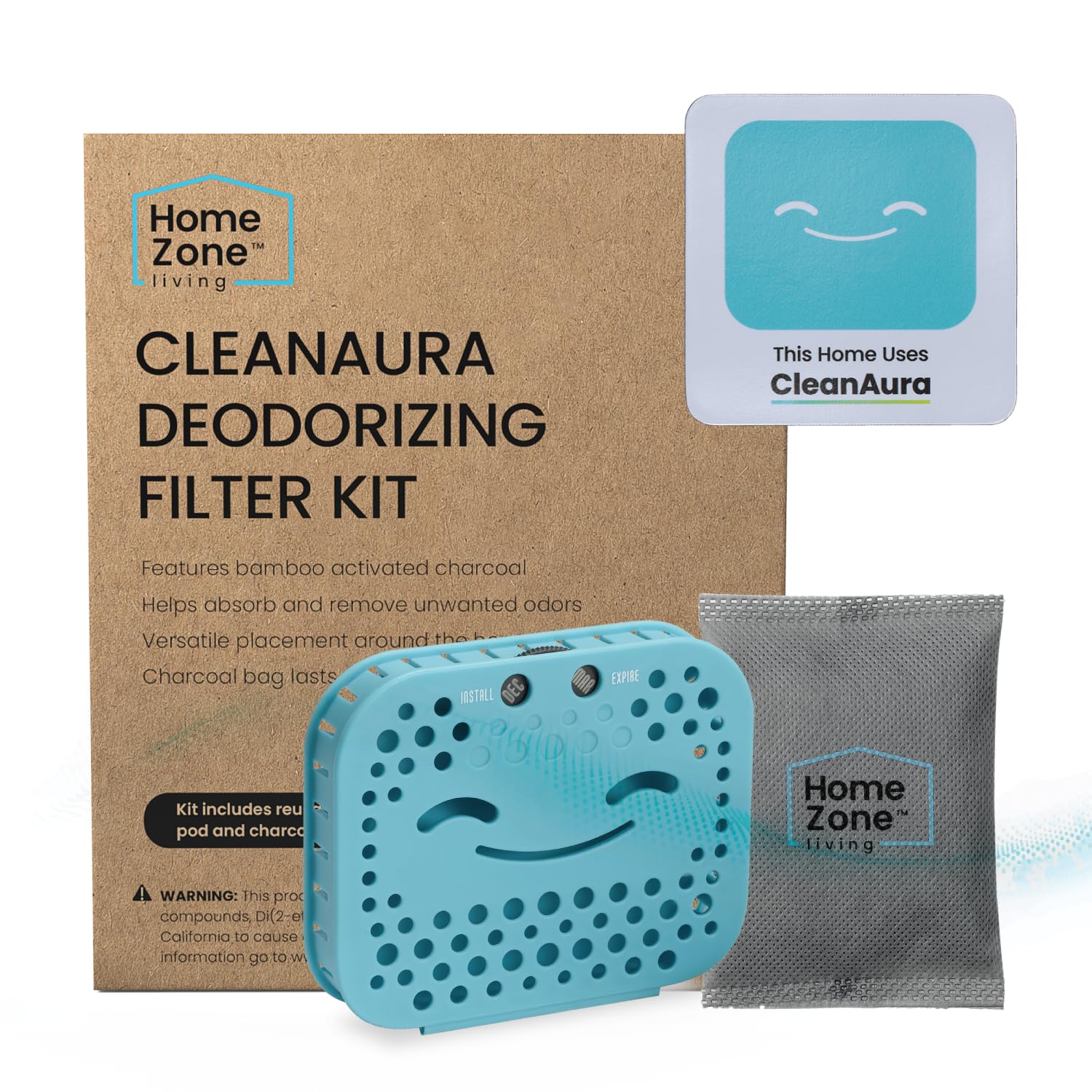 Home Zone Living CleanAura Deodorizing Filter Kit with Charcoal Filter Bag and Magnetic Sticker, Helps Eliminate Odor at Home