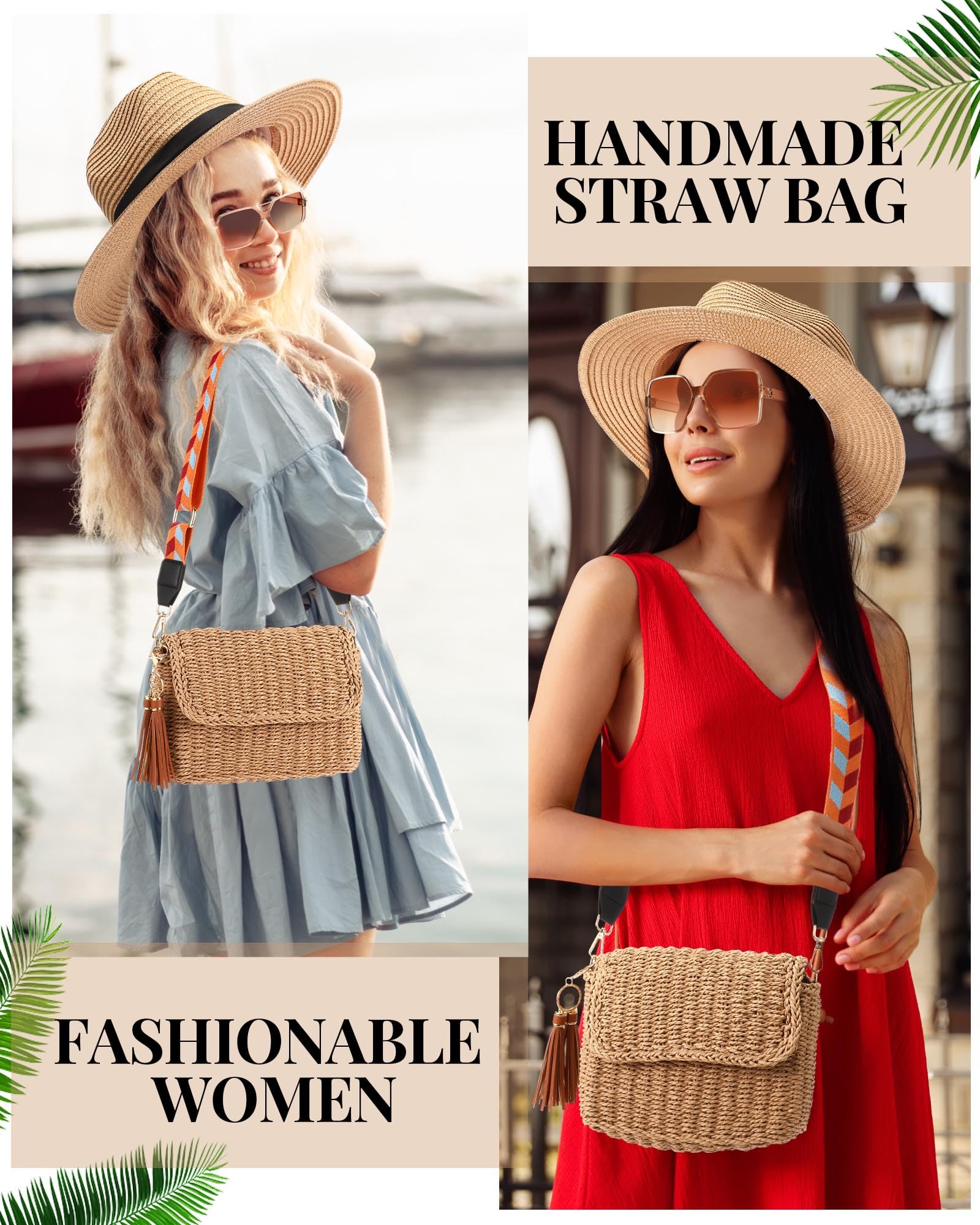 Glitopper 5 Pcs Women Beach Hat and Straw Crossbody Bag Rattan Earrings Sunglasses Summer Shoulder Bag for Summer Beach