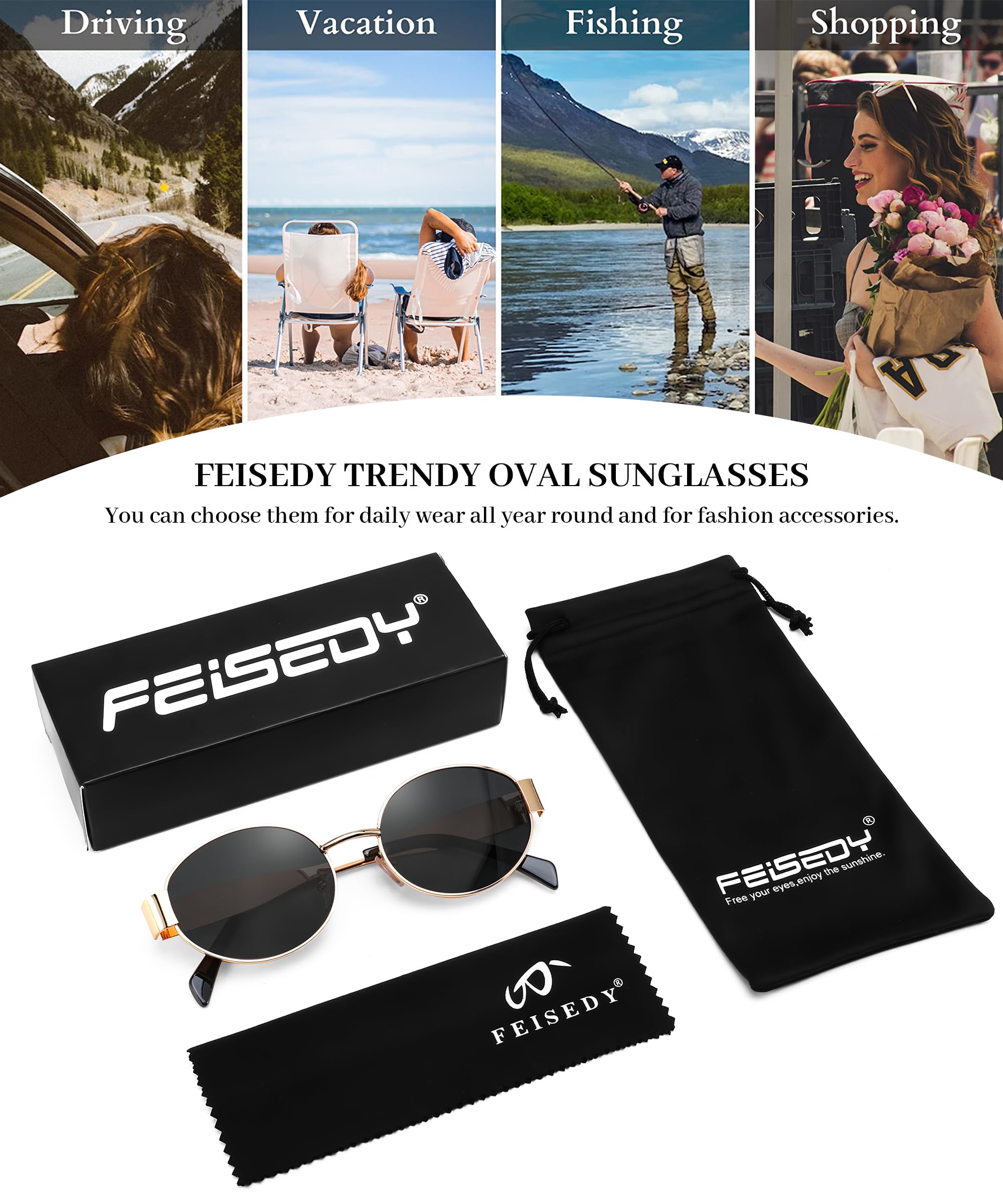 FEISEDY Trendy Retro Oval Sunglasses for Women Men Small Metal Frame Sun Glasses UV400 Shades B0124