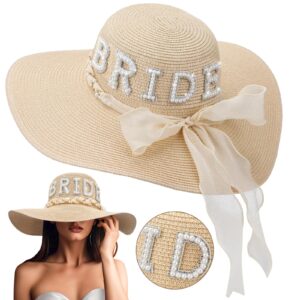 cozypower bride sun hat wide brim straw hat floppy bride beach hat for women bridal honeymoon wedding party engagement (beige)