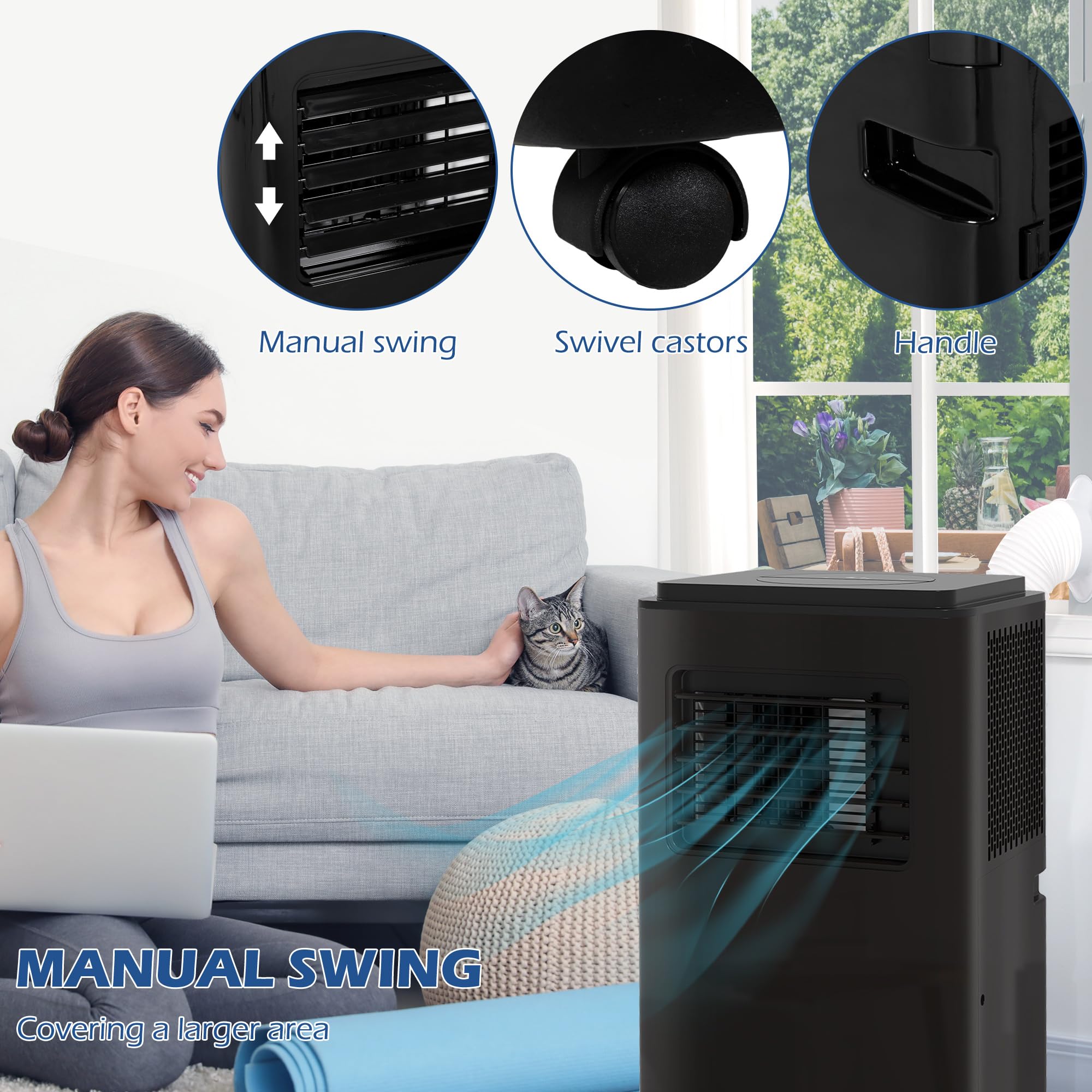 HOMCOM 8000 BTU Portable Air Conditioner for Rooms Up to 345 Sq. Ft., 5-in-1 AC Unit with Dehumidifier, Cooling Fan, Auto, Sleep & Remote, 24H Timer On/Off, Window Installation Kit, Black