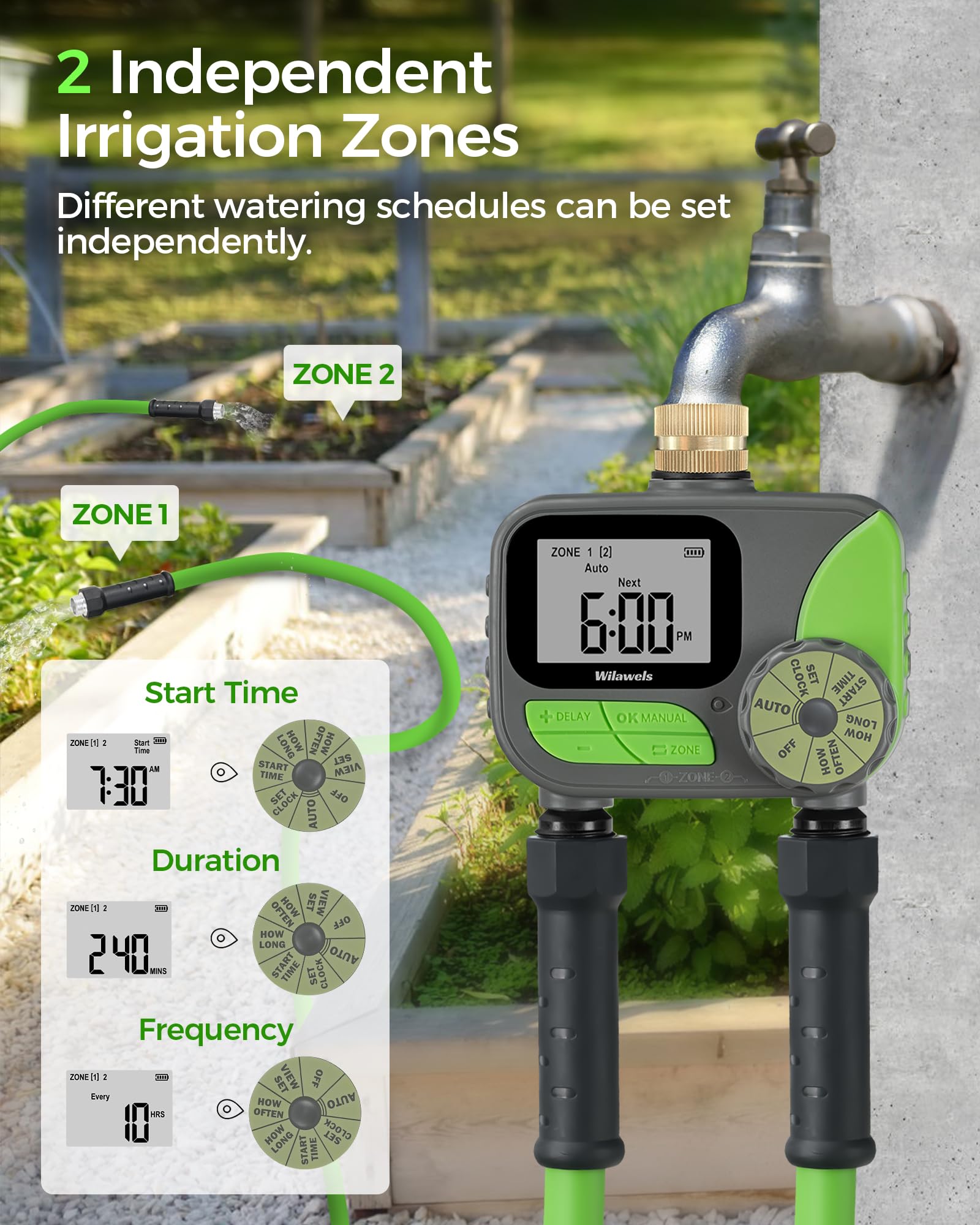 WILAWELS Brass Sprinkler Timer 2 Zone, Programmable Garden Water Timer, Automatic Irrigation Timer with Rain Delay/Manual/Auto Mode, Waterproof and Leak-Proof, for Yard, Garden, Lawn, 2 Outlet B12WT06