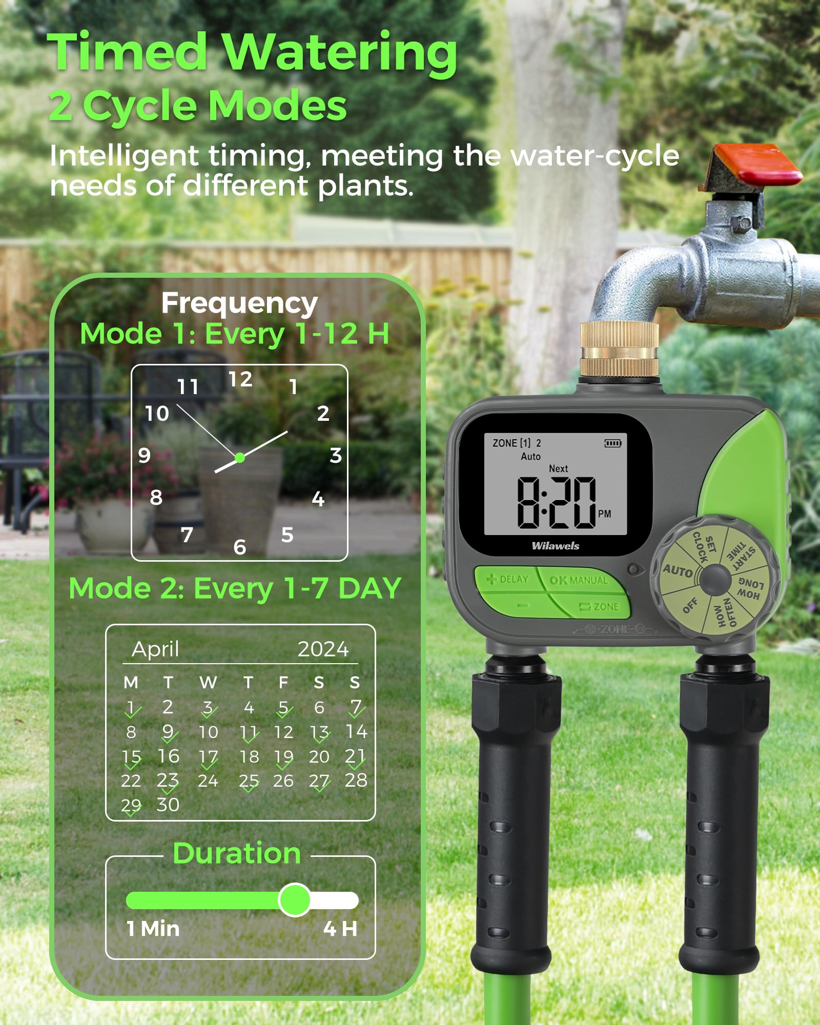 WILAWELS Brass Sprinkler Timer 2 Zone, Programmable Garden Water Timer, Automatic Irrigation Timer with Rain Delay/Manual/Auto Mode, Waterproof and Leak-Proof, for Yard, Garden, Lawn, 2 Outlet B12WT06