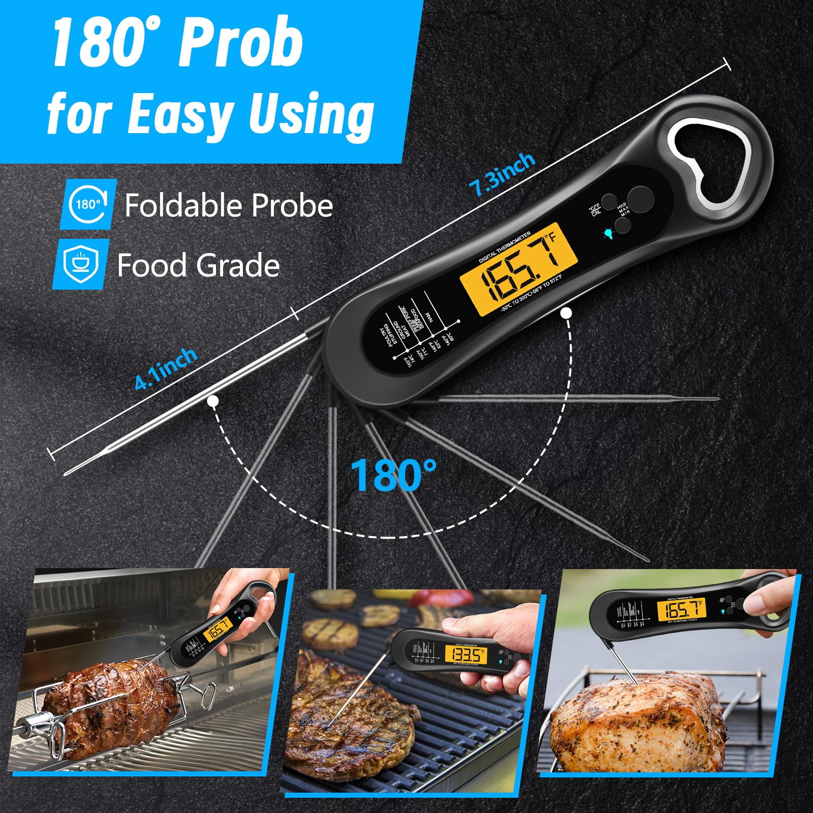 Biison Digital Meat Thermometer for Cooking, Wireless, Instant Read, Waterproof, Backlight, Ultra-Fast Accurate & 180°Foldaway Probe, Idea for Turkey/Grilling