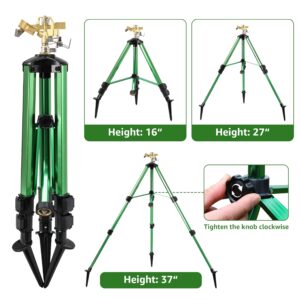 Heavy-Duty Brass Impact Sprinkler on Ground PlugTripod Base, 360 Degree, 0-43 Feet Large Area Coverage Yard Sprinkler, Adjustable Height 16-37” Water Sprinkler for Lawn for Lawn/Yard/Garden