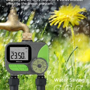 WILAWELS Brass Sprinkler Timer 2 Zone, Programmable Garden Water Timer, Automatic Irrigation Timer with Rain Delay/Manual/Auto Mode, Waterproof and Leak-Proof, for Yard, Garden, Lawn, 2 Outlet B12WT06