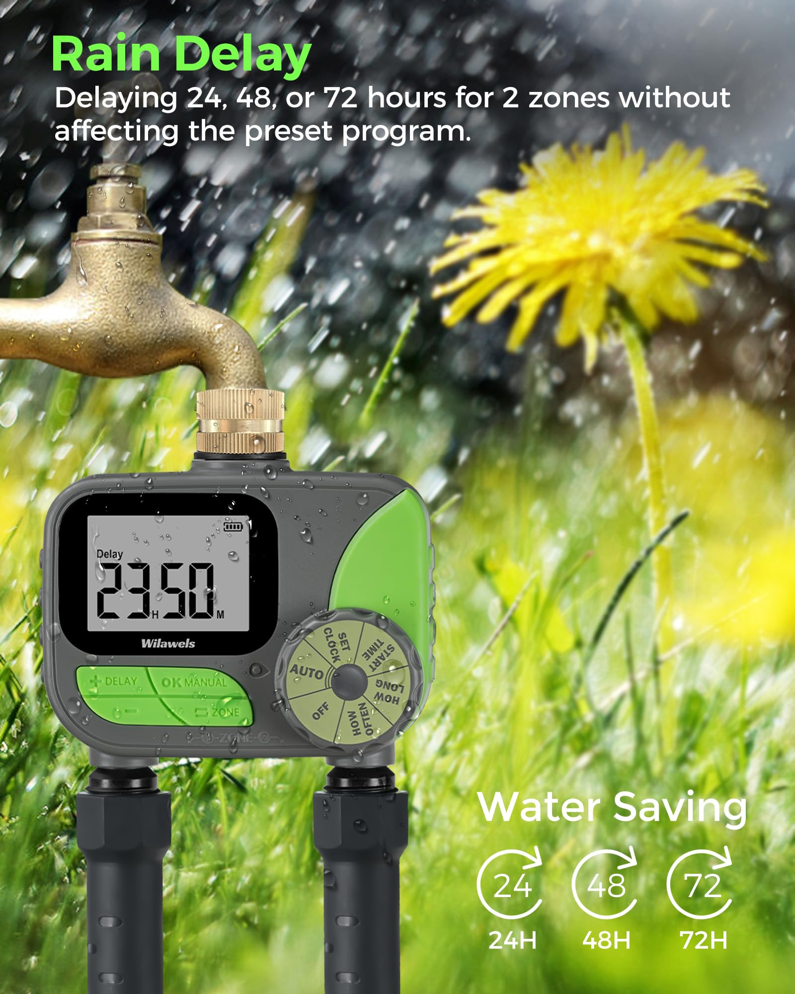 WILAWELS Brass Sprinkler Timer 2 Zone, Programmable Garden Water Timer, Automatic Irrigation Timer with Rain Delay/Manual/Auto Mode, Waterproof and Leak-Proof, for Yard, Garden, Lawn, 2 Outlet B12WT06