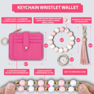 ANHBKAR Keychain Wristlet Wallet, Keychain Wallet Pocket Credit Card Holder Slim, Silicone Beads Wristlet Wallets for Women (PINK)