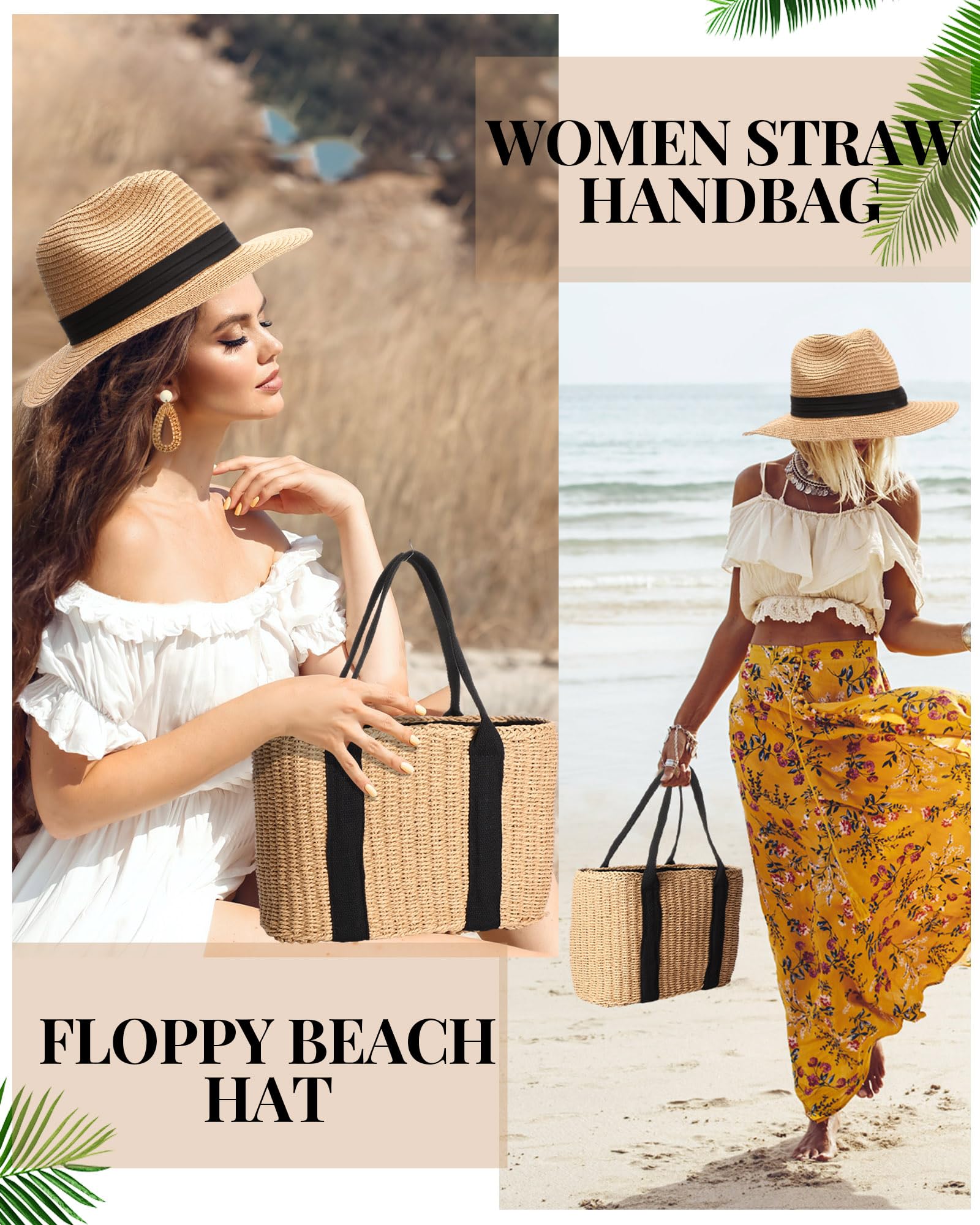 Glitopper 4 Pcs Straw Bag Woven Bag and Rattan Wicker Hat Tassel Earrings Set Summer Tote Handbag for Woman Vacation Boho Accessories