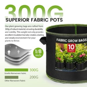 Eowllo Grow Bags 5 Gallon 10Pcs Heavy Duty 300G Fabric Pots for Plants,Thickened Nonwoven Garden Bags to Grow Vegetables,Large Nursery Pots,Tomato Grow Bags with Handles, Green Line Border