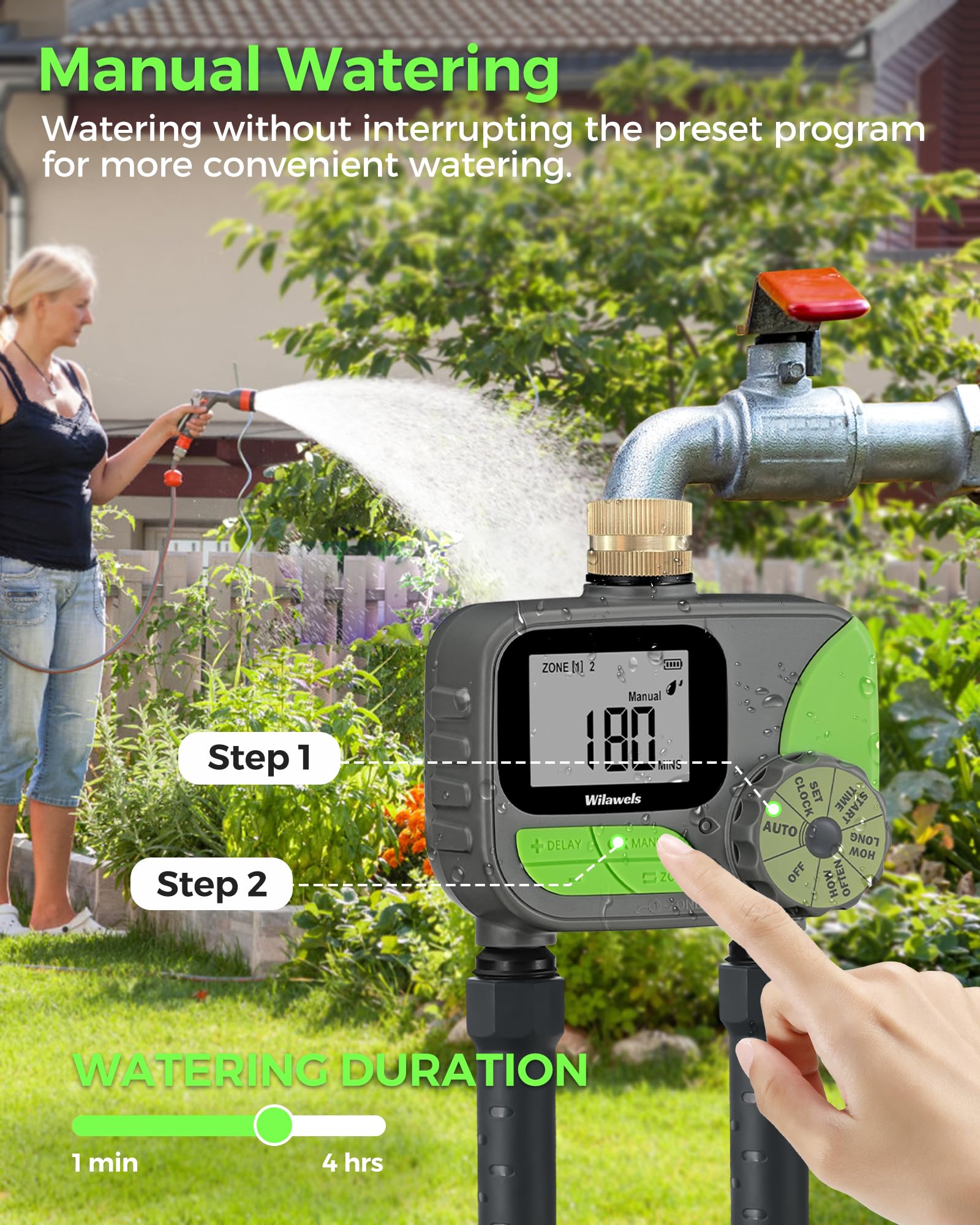 WILAWELS Brass Sprinkler Timer 2 Zone, Programmable Garden Water Timer, Automatic Irrigation Timer with Rain Delay/Manual/Auto Mode, Waterproof and Leak-Proof, for Yard, Garden, Lawn, 2 Outlet B12WT06