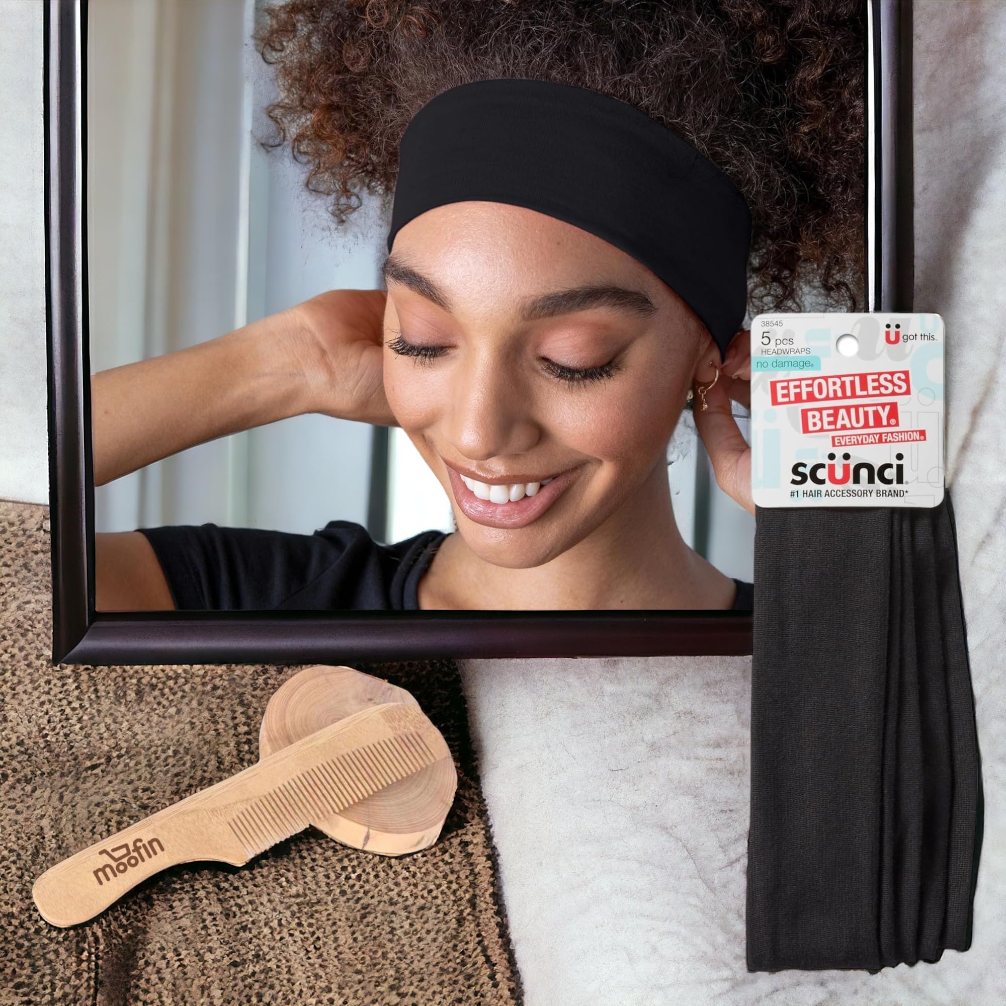 moofin Scunci Black Headband for Women, Stretchy Fabric, Non-Slip, Comfort Fit, Ideal for Running, Makeup, Skincare, Casual Wear, Includes Wooden Comb, Multipack of 5 [Pack of 2]