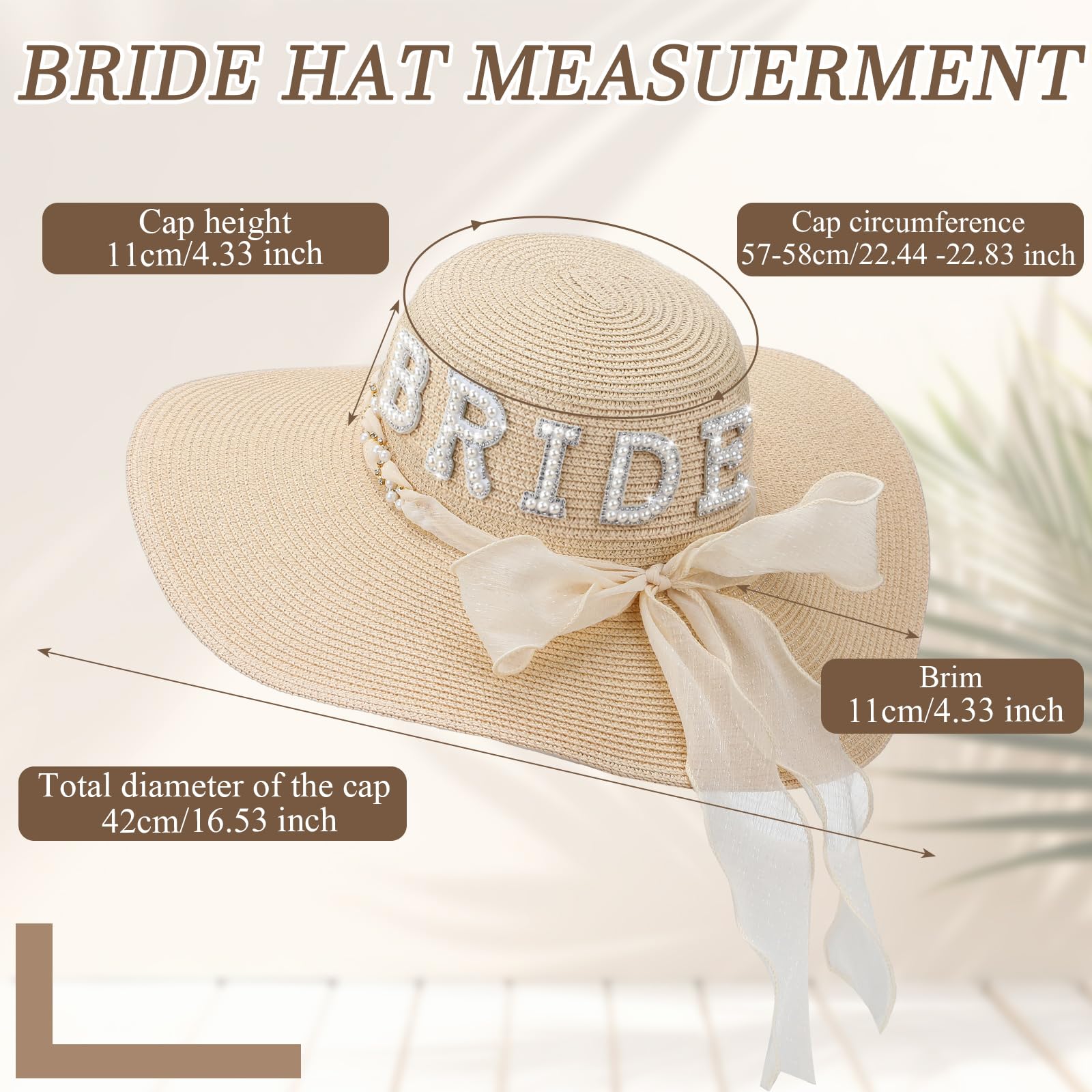 Cozypower Bride Sun Hat Wide Brim Straw Hat Floppy Bride Beach Hat for Women Bridal Honeymoon Wedding Party Engagement (Beige)