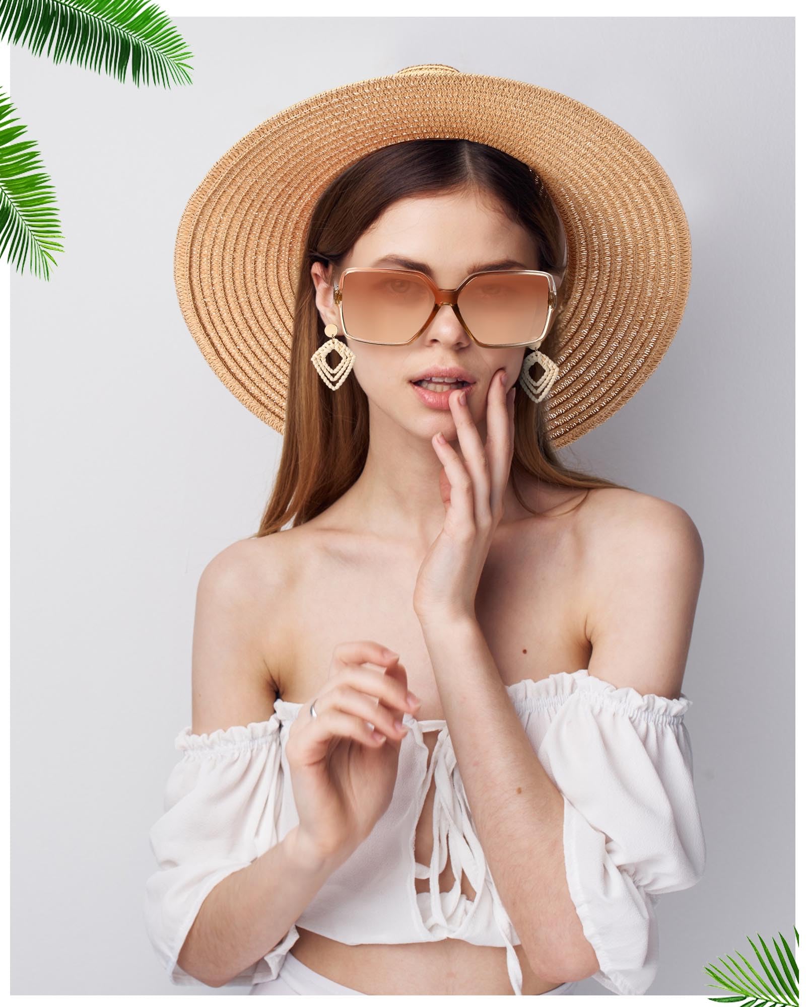 Glitopper 5 Pcs Women Beach Hat and Straw Crossbody Bag Rattan Earrings Sunglasses Summer Shoulder Bag for Summer Beach