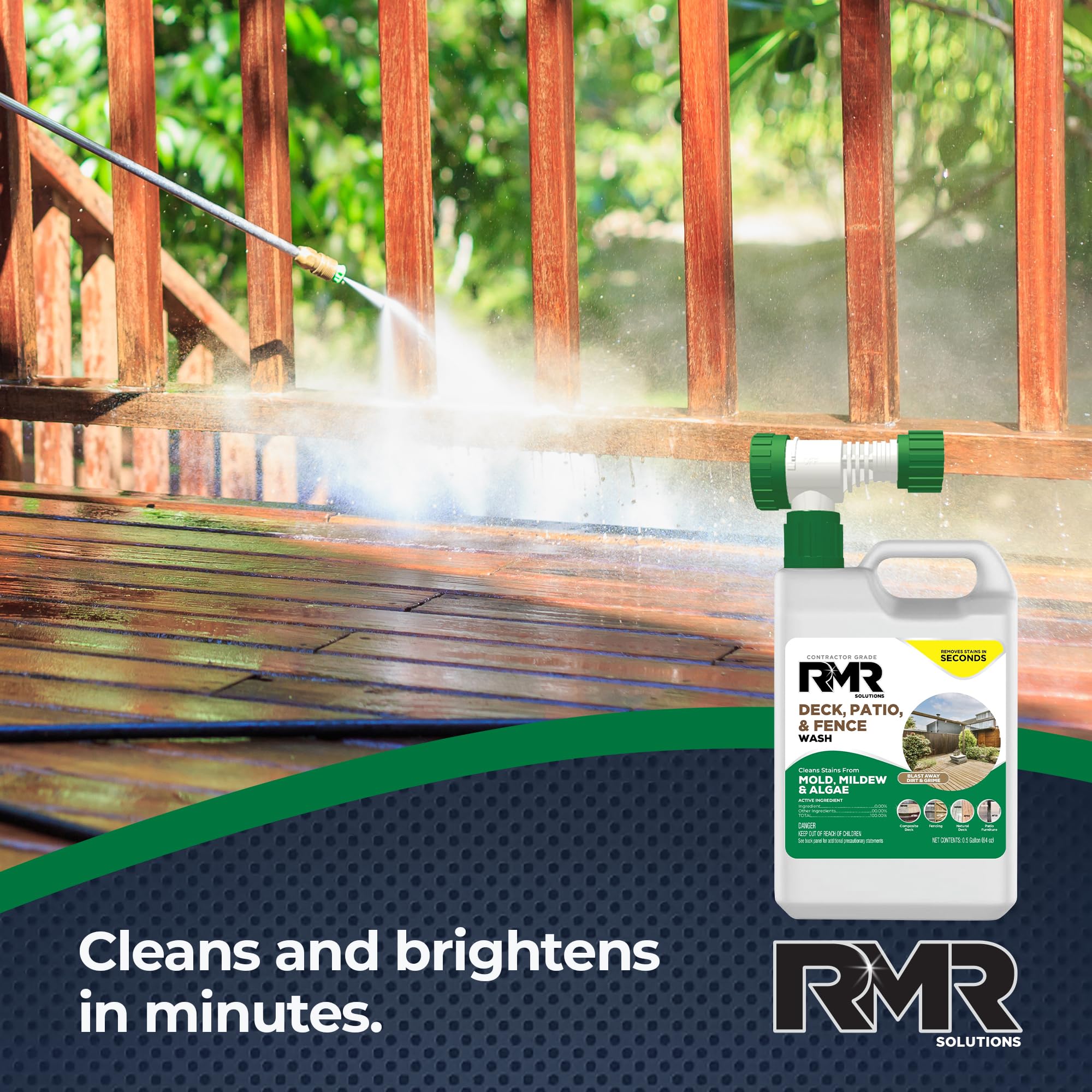 RMR Deck, Patio, & Fence Wash - Commercial-Grade Outdoor Stain Remover for Mold, Mildew, and Algae, 64 Ounce Bottle with Hose-End Adapter