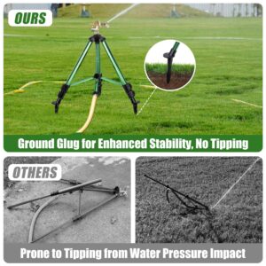 Heavy-Duty Brass Impact Sprinkler on Ground PlugTripod Base, 360 Degree, 0-43 Feet Large Area Coverage Yard Sprinkler, Adjustable Height 16-37” Water Sprinkler for Lawn for Lawn/Yard/Garden