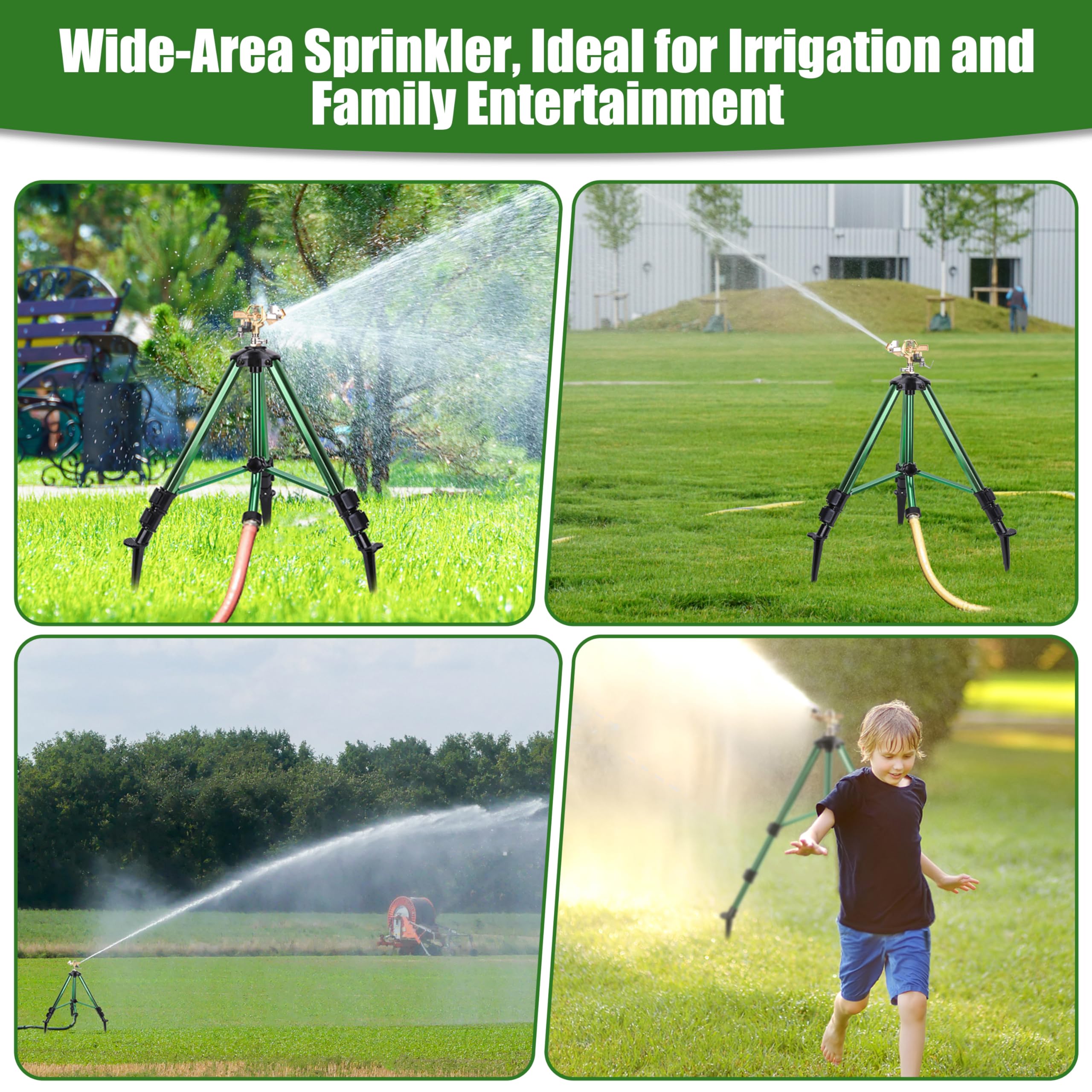 Heavy-Duty Brass Impact Sprinkler on Ground PlugTripod Base, 360 Degree, 0-43 Feet Large Area Coverage Yard Sprinkler, Adjustable Height 16-37” Water Sprinkler for Lawn for Lawn/Yard/Garden