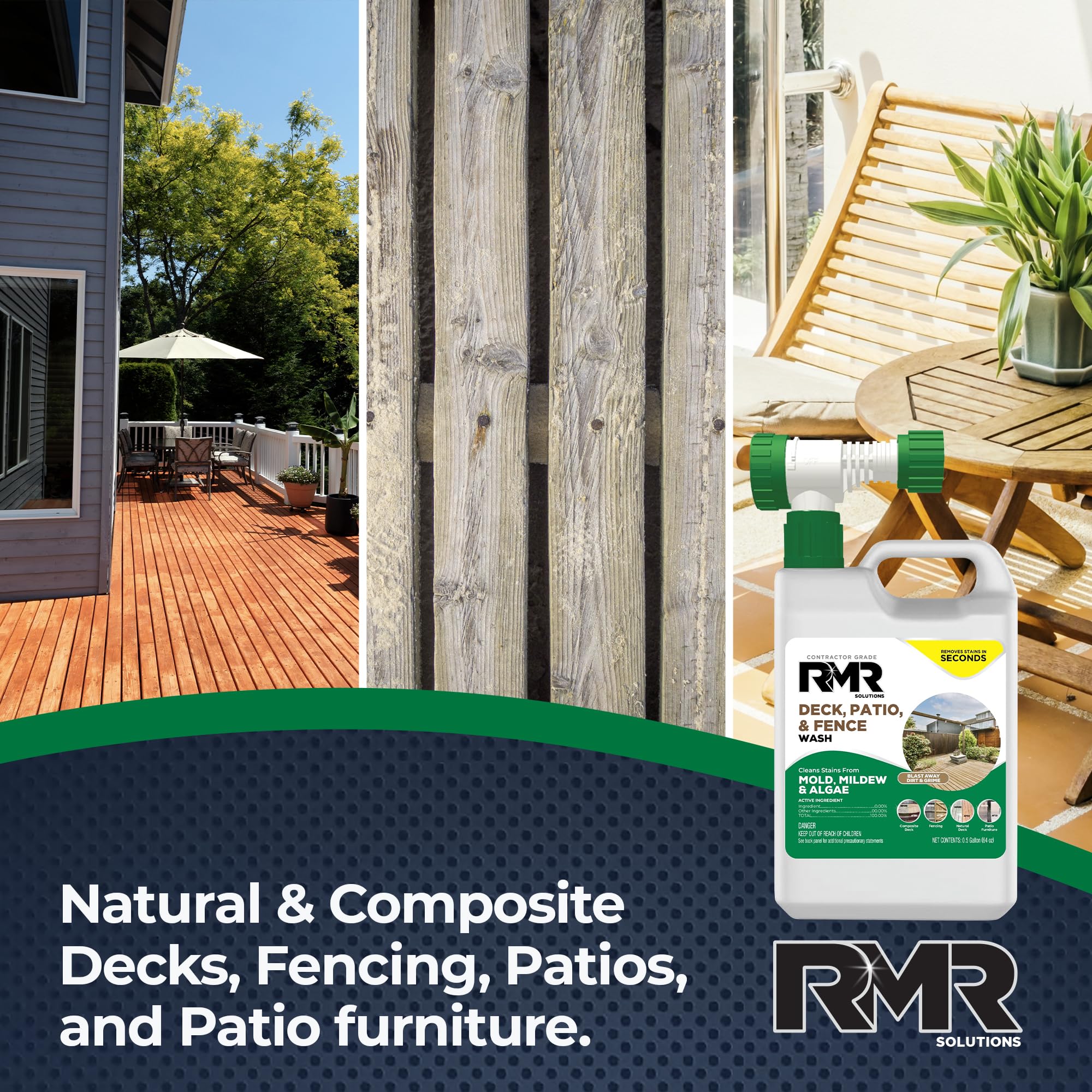 RMR Deck, Patio, & Fence Wash - Commercial-Grade Outdoor Stain Remover for Mold, Mildew, and Algae, 64 Ounce Bottle with Hose-End Adapter