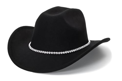 Women Sparkly-Rhinestone Western-Cowgirl-Hat Glitter-Bling Cowboy-Hat Felt-Rodeo-Hat for Disco-Party Medium/Large