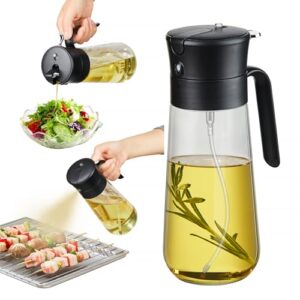 hoforife glass olive oil dispenser bottle & oil sprayer bottle 2 in 1 for kitchen cooking, auto flip cap, 18oz black