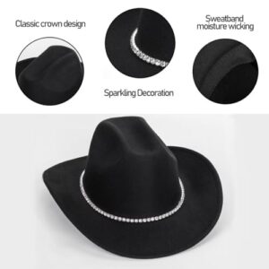 Women Sparkly-Rhinestone Western-Cowgirl-Hat Glitter-Bling Cowboy-Hat Felt-Rodeo-Hat for Disco-Party Medium/Large