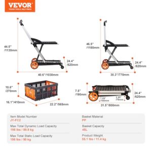 VEVOR Multi Use Functional Collapsible Cart, 198 lbs Capacity 2-Tier Folding Shopping Cart with Wheels, Collapsible Utility Cart with Storage Crate, 2 in 1 Hand Truck for Grocery/Luggage/Moving/Office