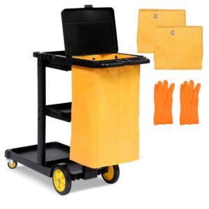 commercial janitorial cleaning cart, 3-tier janitorial cart 500lbs capacity housekeeping cart, wheeled with 25 gallon yellow pvc bag and cover lid