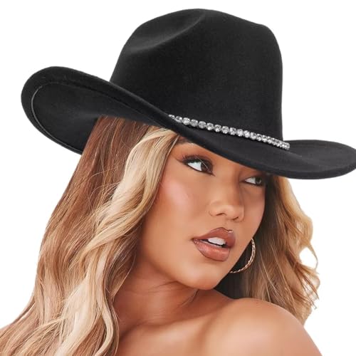 Women Sparkly-Rhinestone Western-Cowgirl-Hat Glitter-Bling Cowboy-Hat Felt-Rodeo-Hat for Disco-Party Medium/Large