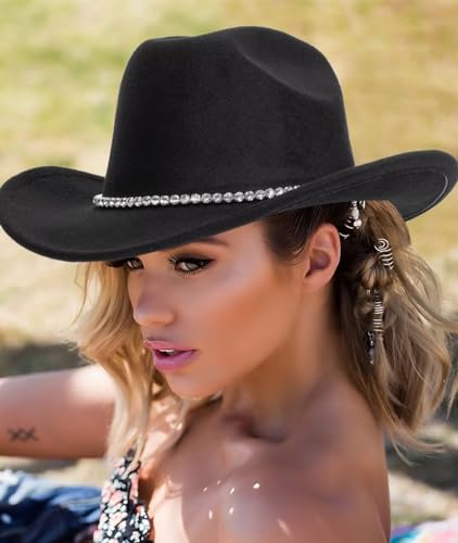 Women Sparkly-Rhinestone Western-Cowgirl-Hat Glitter-Bling Cowboy-Hat Felt-Rodeo-Hat for Disco-Party Medium/Large