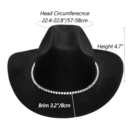 Women Sparkly-Rhinestone Western-Cowgirl-Hat Glitter-Bling Cowboy-Hat Felt-Rodeo-Hat for Disco-Party Medium/Large