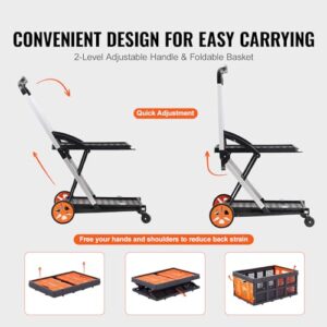 VEVOR Multi Use Functional Collapsible Cart, 198 lbs Capacity 2-Tier Folding Shopping Cart with Wheels, Collapsible Utility Cart with Storage Crate, 2 in 1 Hand Truck for Grocery/Luggage/Moving/Office