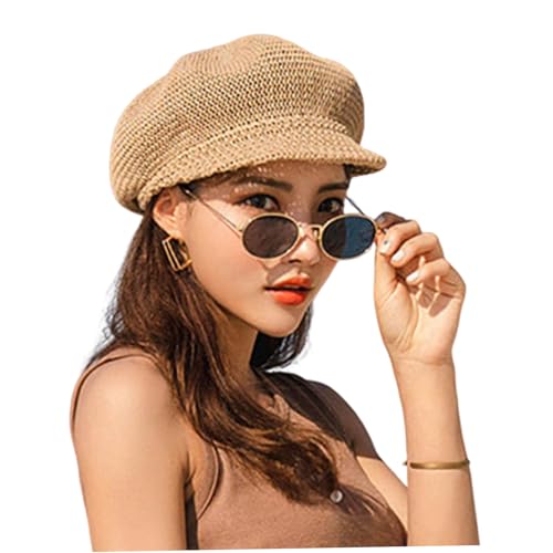 Newsboy Caps Straw Cap Women Summer Newsboy Cap Straw Knitted Beach Sun Hat with Adjustable Rope for Women Sun Hat Khaki