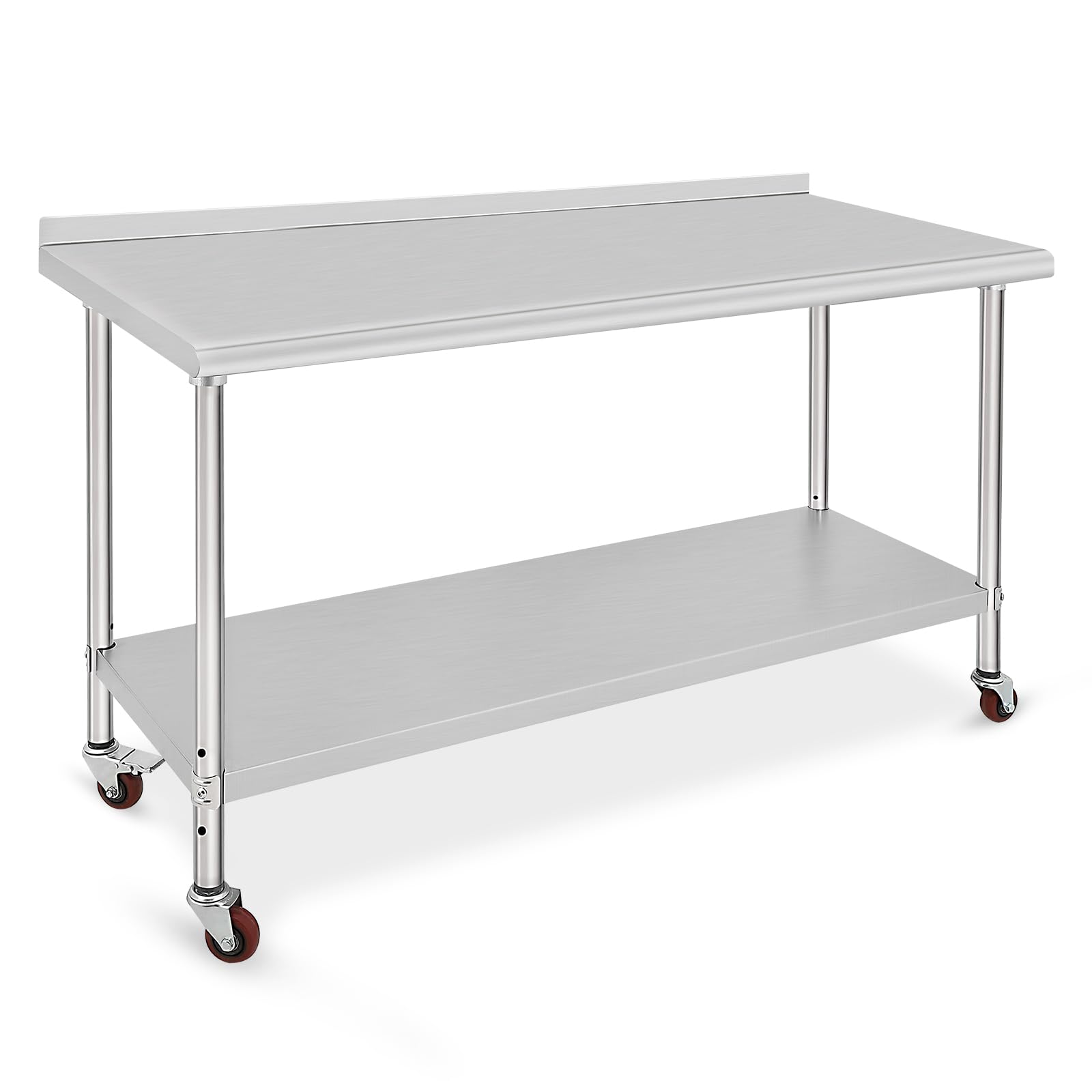 Garvee Stainless Steel Table, 60x24x35 in Metal Trolley Heavy Duty Double Tier Worktable with Casters Backsplash Food Preparation Stainless Steel Table for Kitchen Restaurant Commercial Workstation